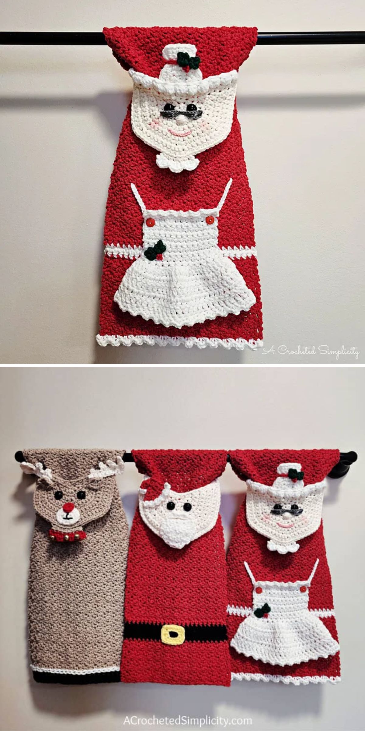 Crocheted towel toppers shaped like Mrs. Claus, Santa Claus, and a reindeer hang on a rod; each features detailed festive designs and decorations.