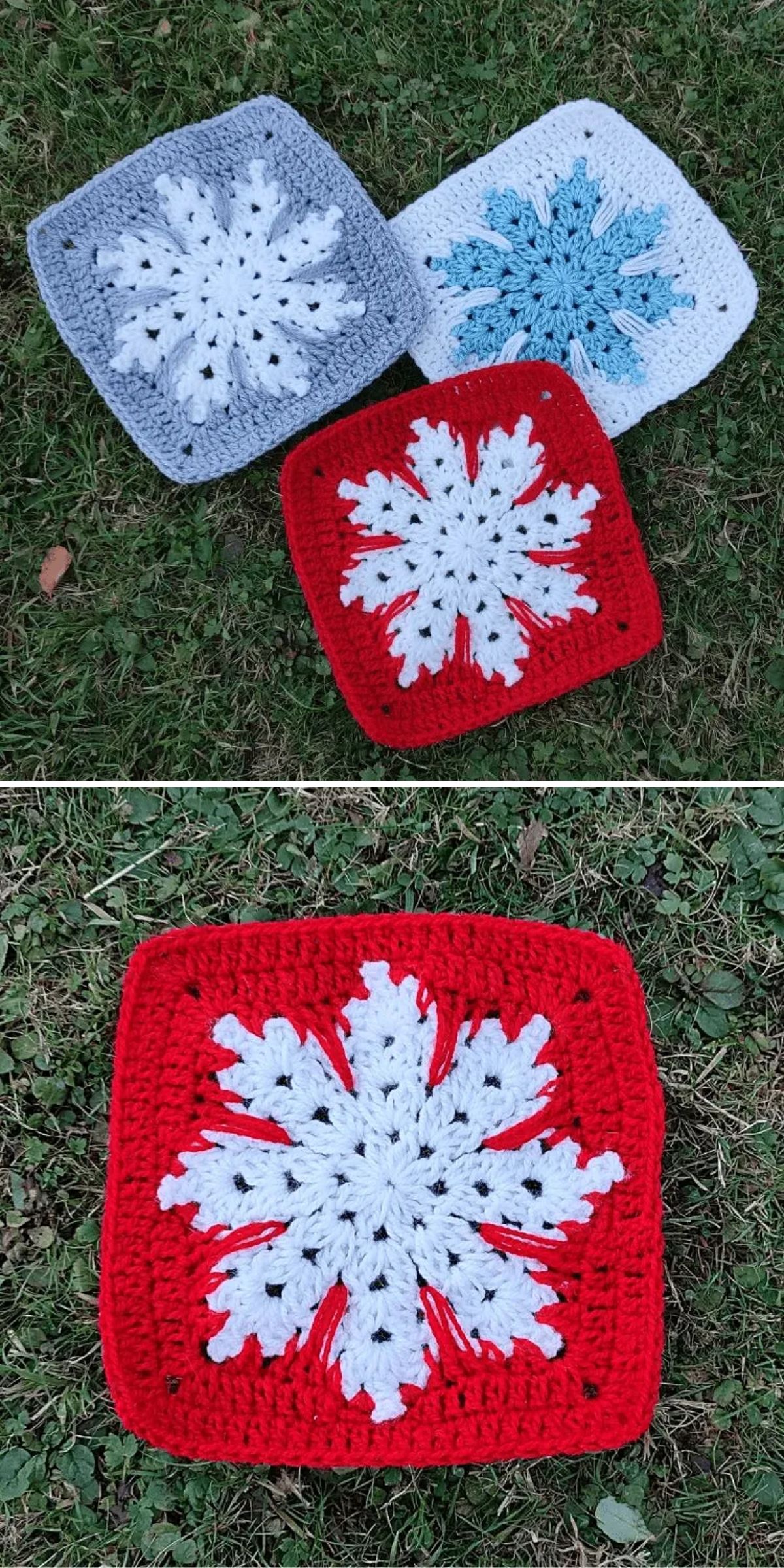 Three crocheted square patches with white snowflake designs in different colored backgrounds—gray, blue, and red—are displayed on grass. The lower image shows a close-up of the red patch.