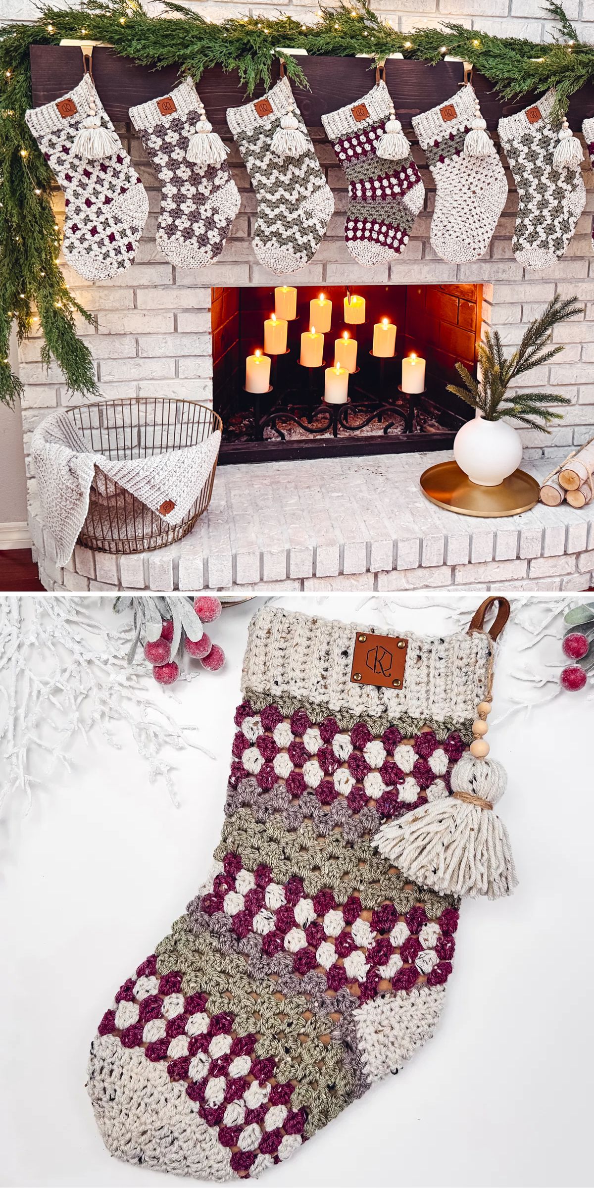 A row of crocheted Christmas stockings hangs on a decorated fireplace mantel above a basket and candles; a close-up of one multicolored stocking is shown below.