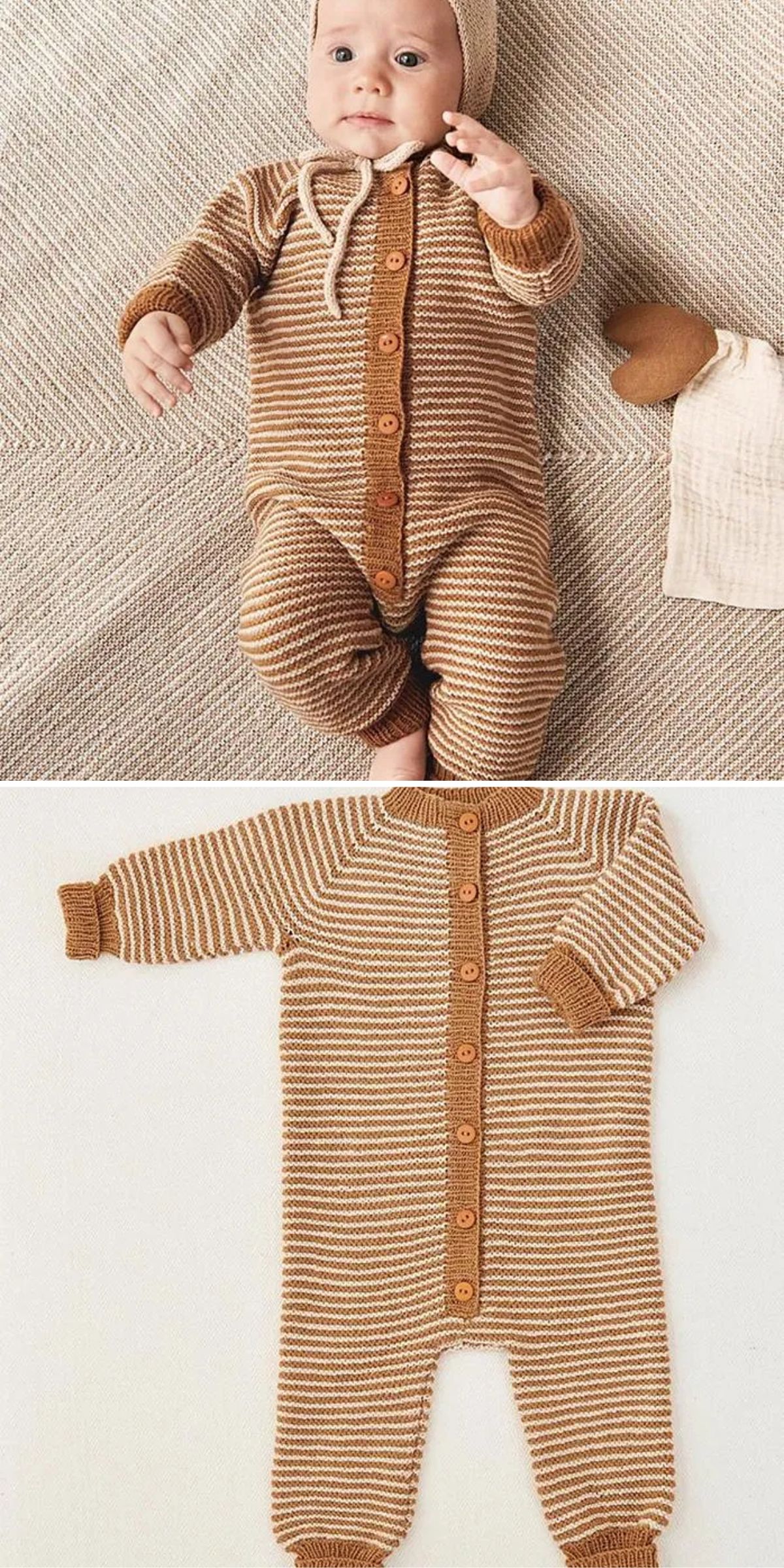 a baby wearing a striped knitted jumpsuit and bonnet set