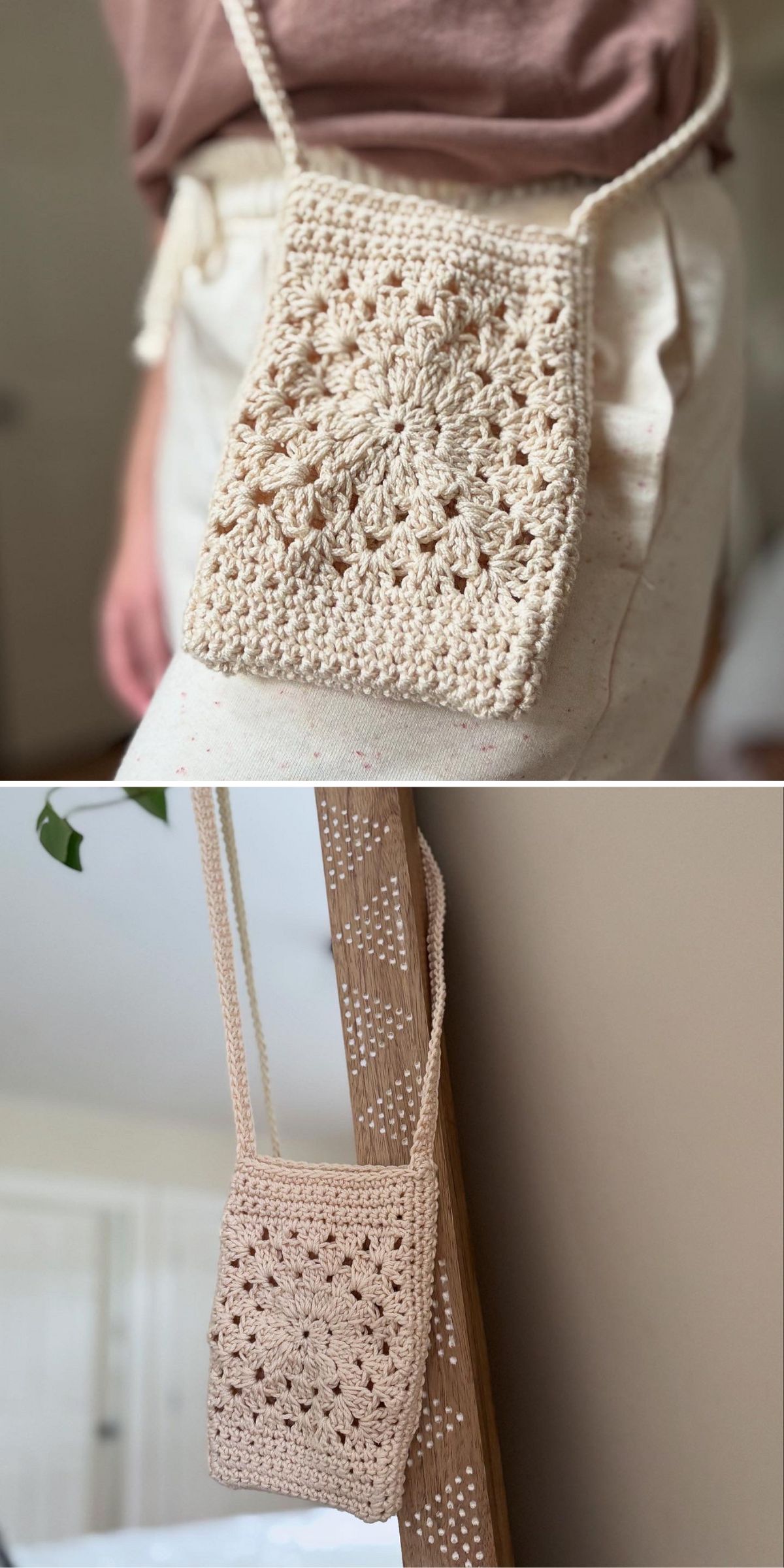 A small, cream-colored, crocheted crossbody bag with a floral square pattern, shown worn on a person and hanging on a wooden surface.