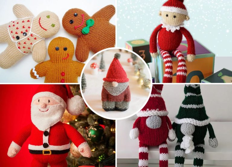 A collage of five photos shows knitted holiday dolls, including gingerbread people, elves, a gnome, and a Santa Claus in festive colors and patterns.