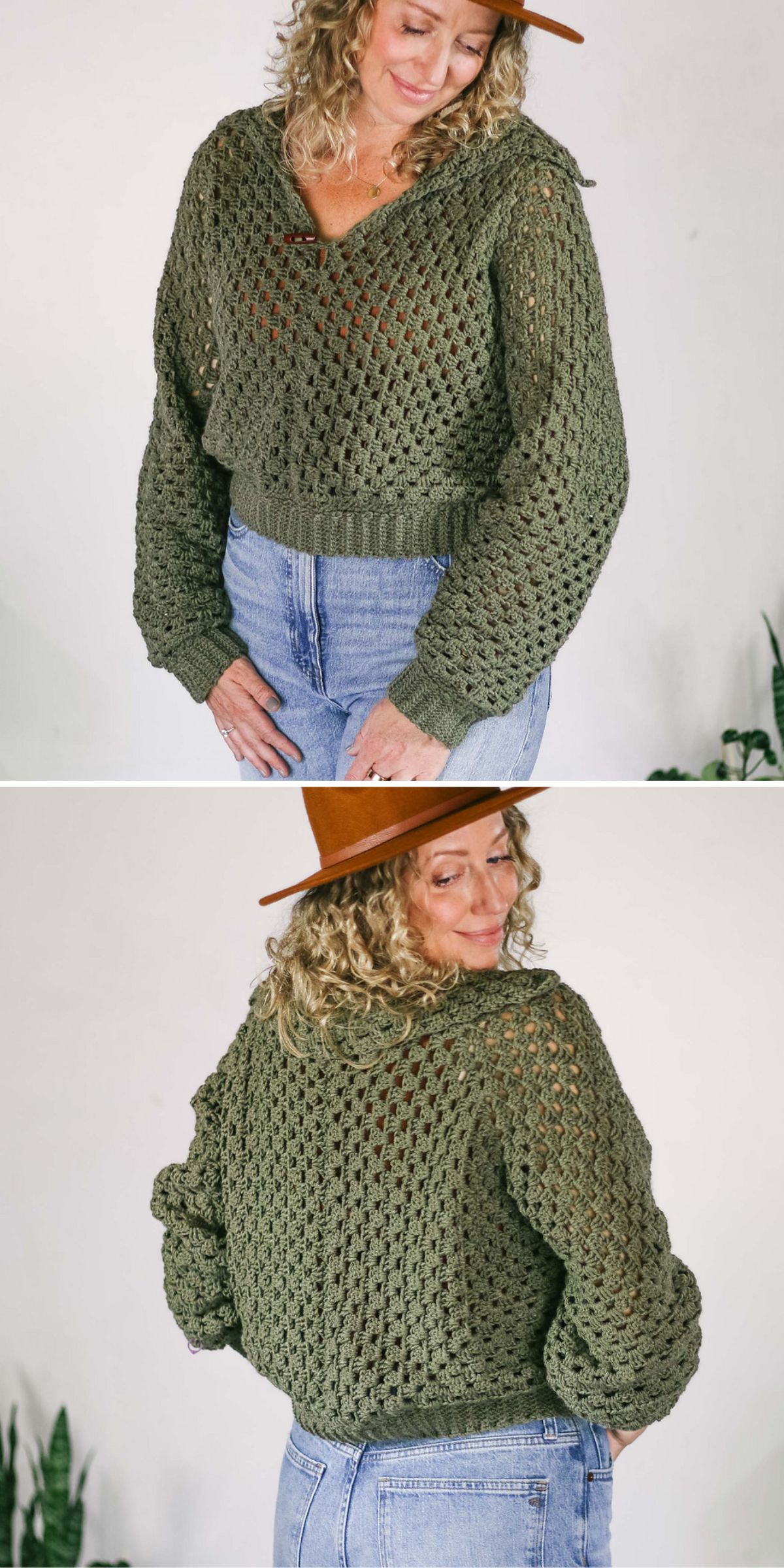 a woman wearing a green openwork crochet sweater