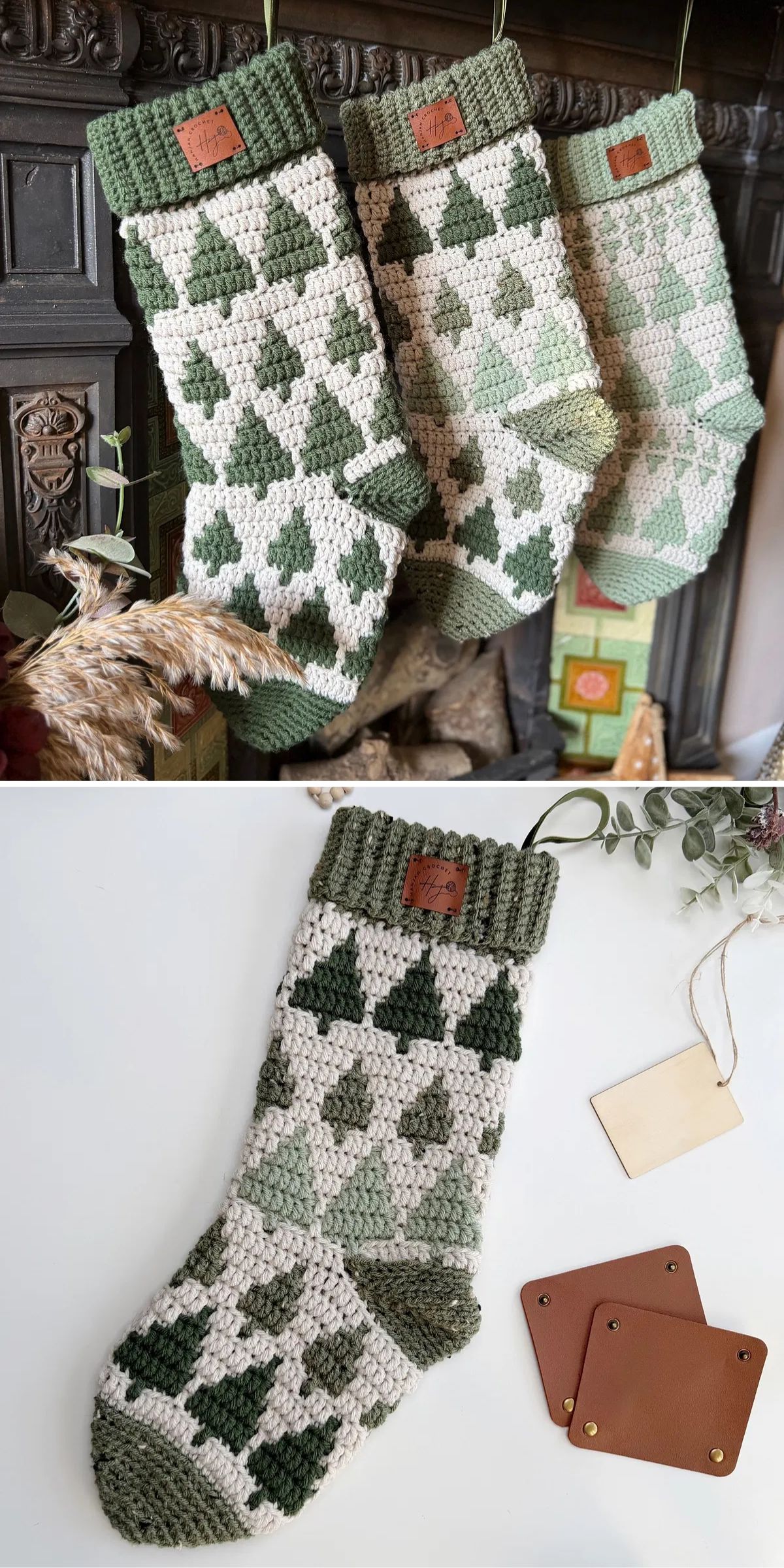 Two images show crochet Christmas stockings with green and white tree patterns, ribbed cuffs, and leather tags. The stockings are either hanging by a fireplace or laid flat beside accessories.