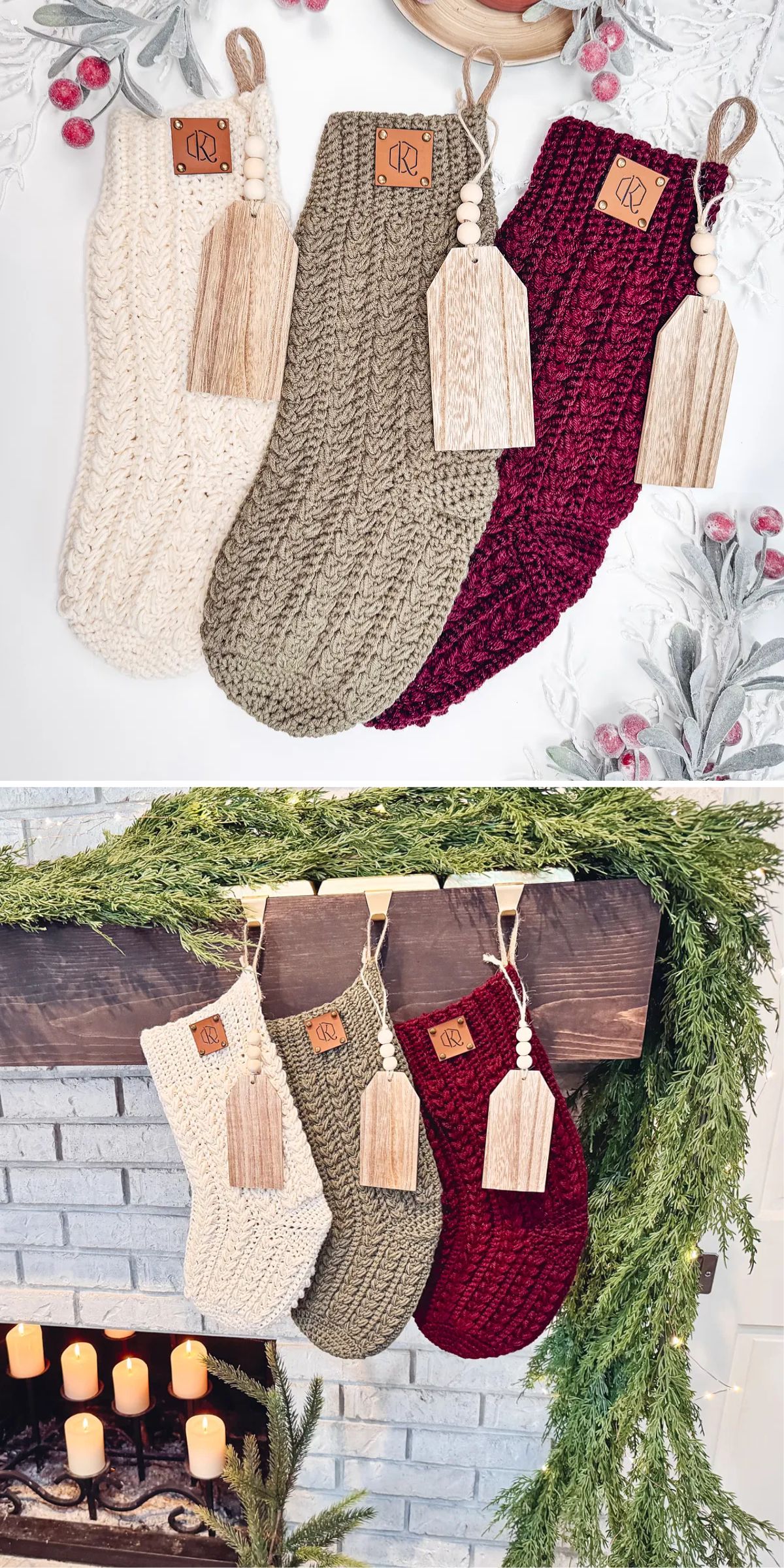 Three crocheted Christmas stockings in cream, olive, and burgundy with wooden tags are displayed on a festive background and hanging from a mantel with greenery and candles.