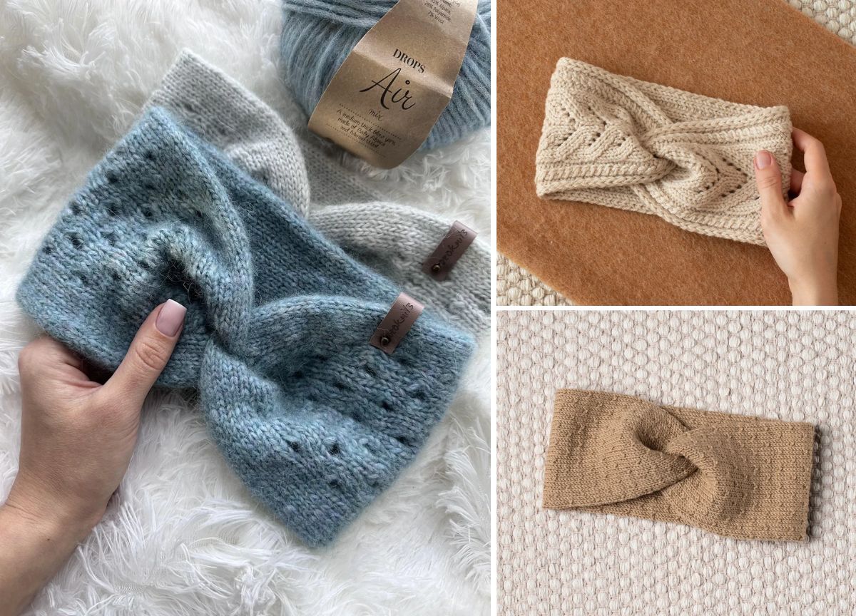 Three knitted headbands in different colors and patterns are displayed on soft surfaces, with one being held by a hand.