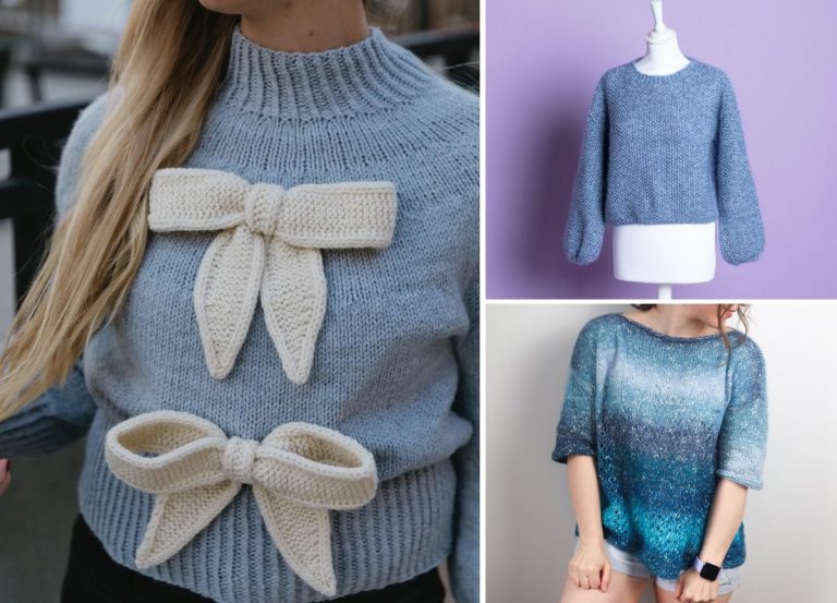 A collage showing three blue knit sweaters: one with two large white bows, one plain on a mannequin, and one gradient blue sweater worn by a person.