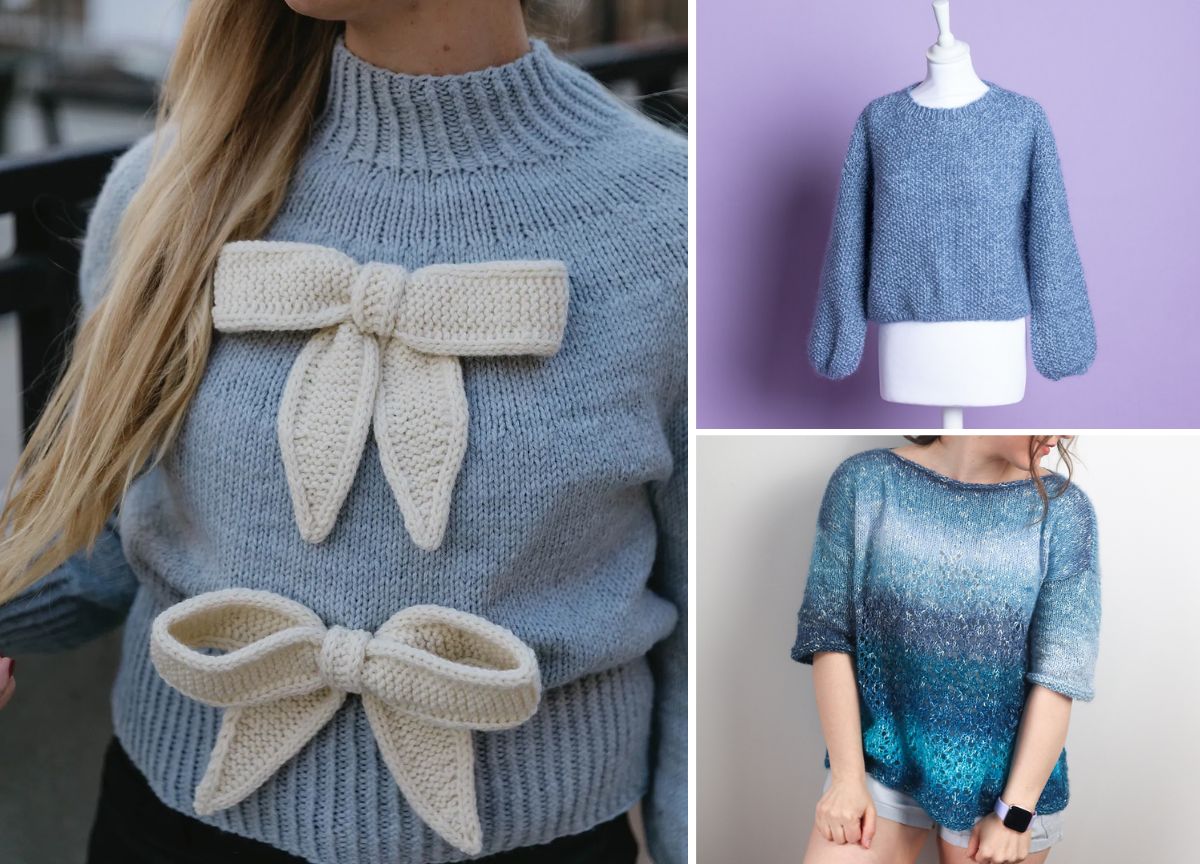 A collage showing three blue knit sweaters: one with two large white bows, one plain on a mannequin, and one gradient blue sweater worn by a person.