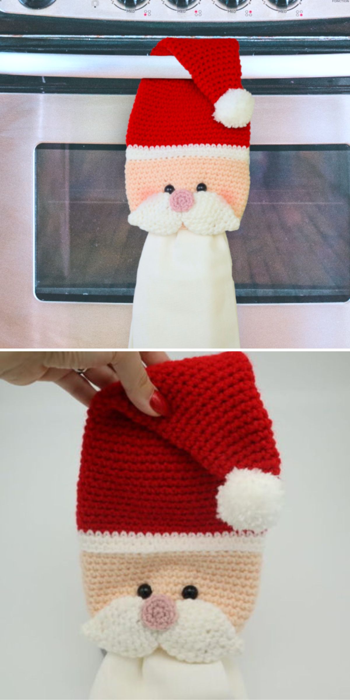 Two images show a crocheted Santa Claus towel holder with a red hat, white trim, and pink nose, attached to a white towel in front of an oven.