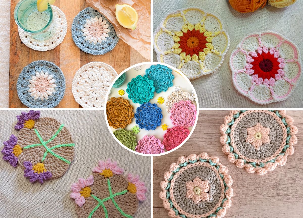 A collage of various colorful, handmade crocheted coasters arranged in circular and floral patterns on different surfaces.