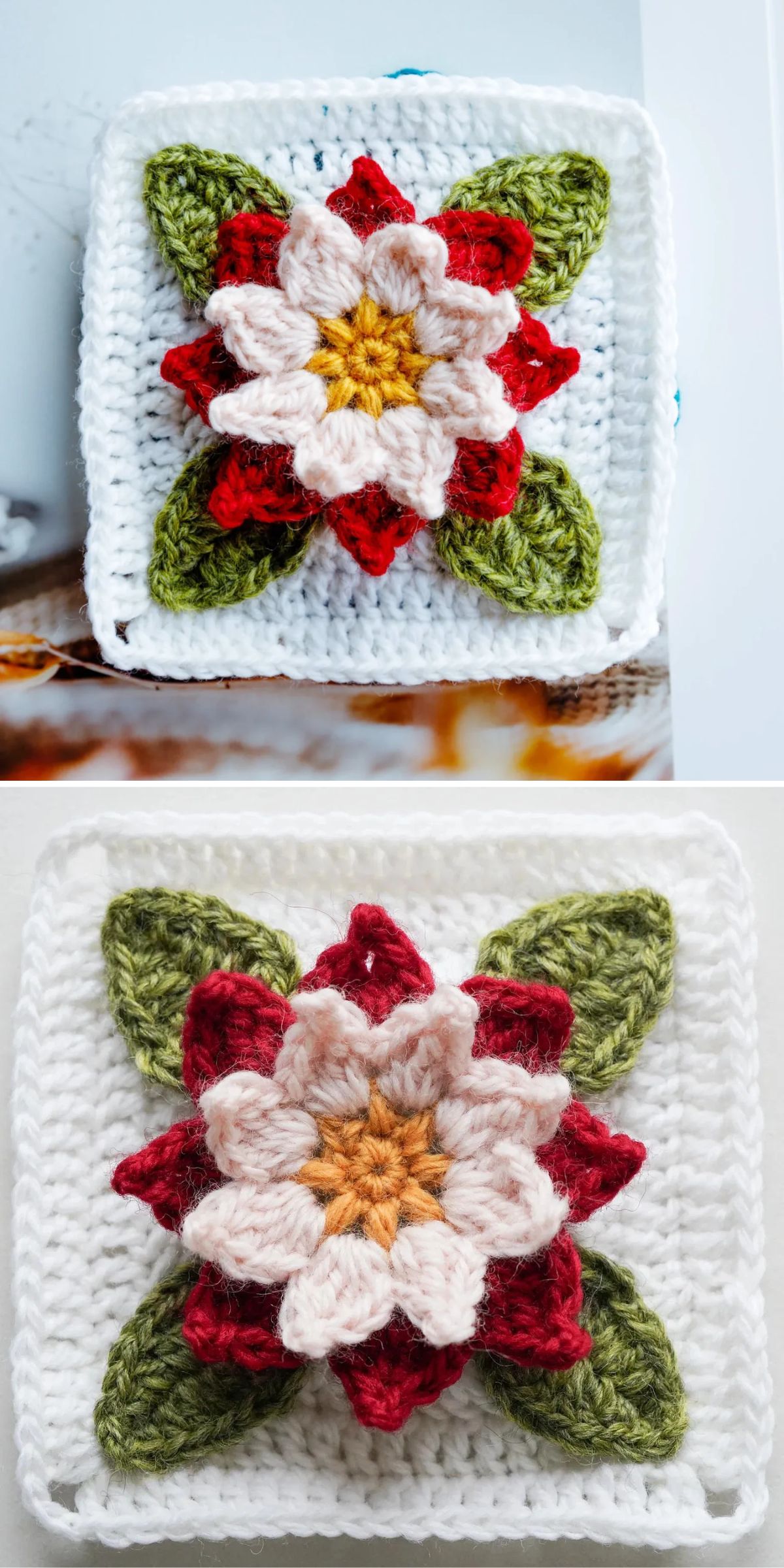 Two crocheted granny squares, each featuring a three-dimensional flower with white, red, and yellow petals and green leaves on a white background.