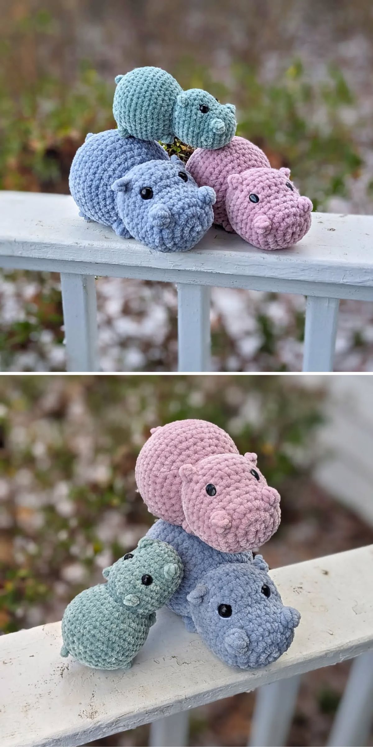 a set of crocheted hippo amigurumi made of chenille yarn in different colors