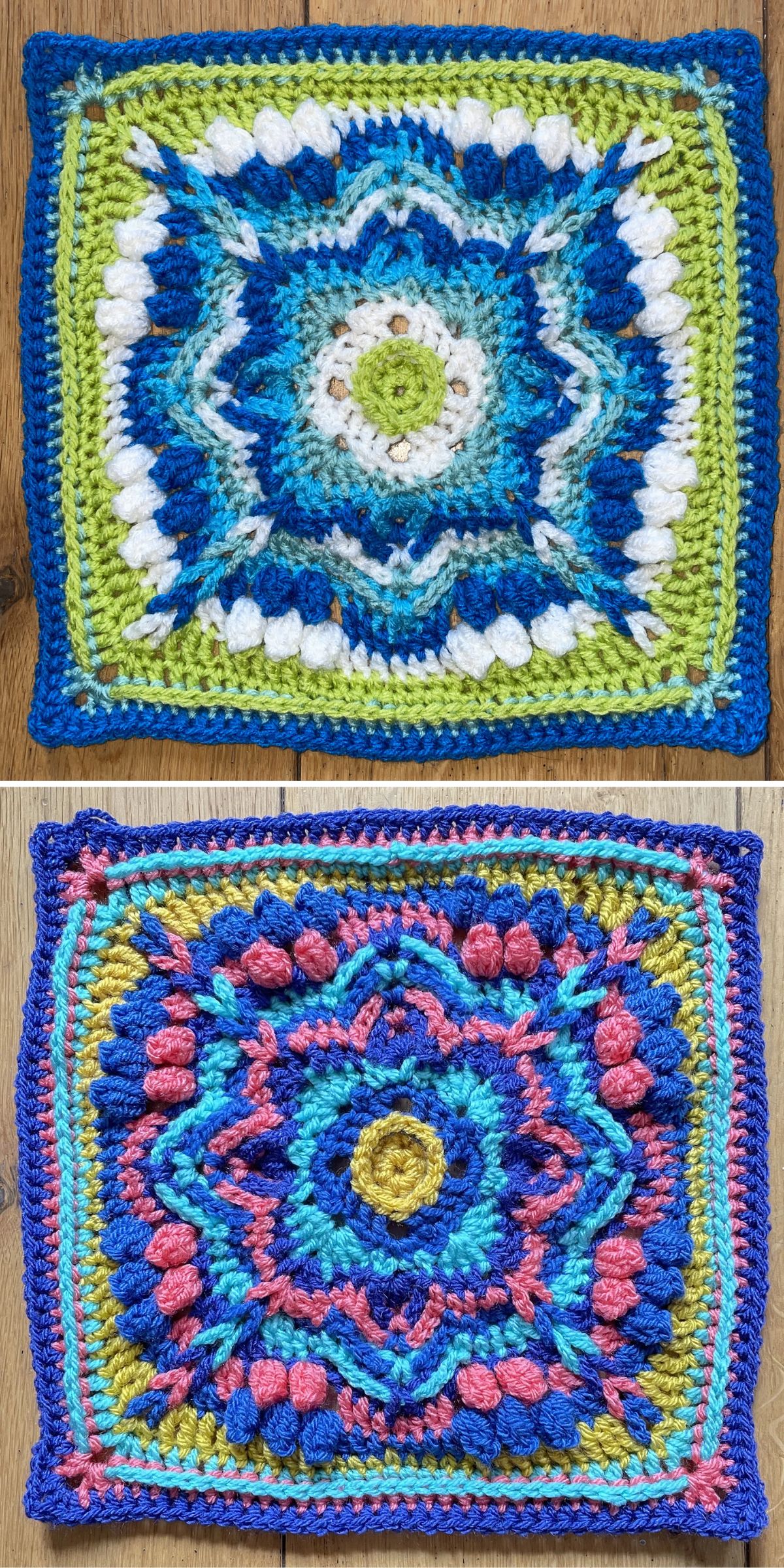Two colorful crocheted square motifs with intricate patterns, one in blue, green, and white tones (top), and one in blue, pink, red, and yellow tones (bottom), on a wooden background.