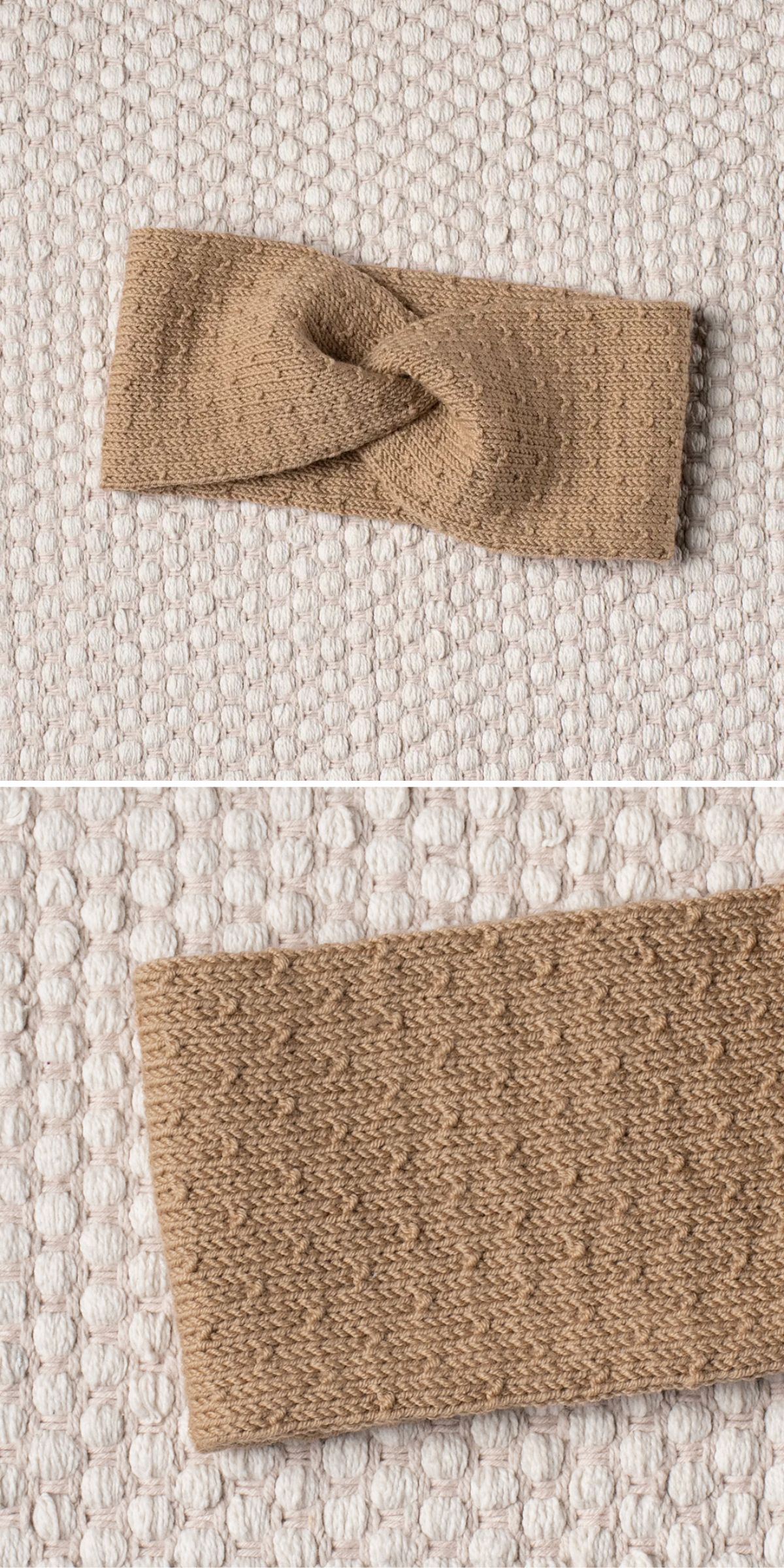 A knitted beige headband with a twist in the center, displayed on a textured cream-colored surface.