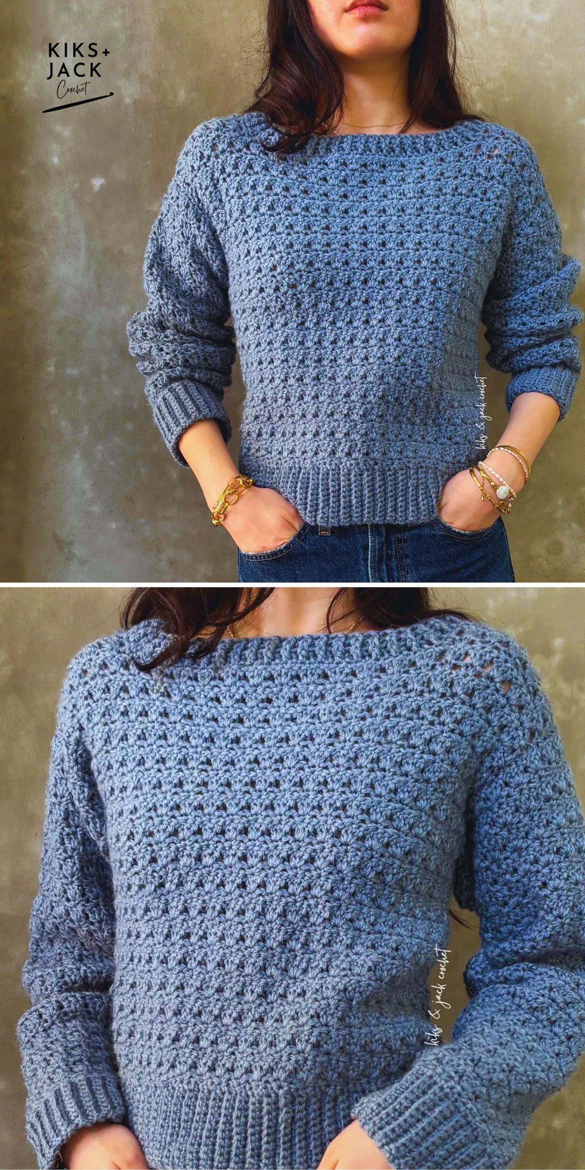a woman wearing a blue crocheted cardigan