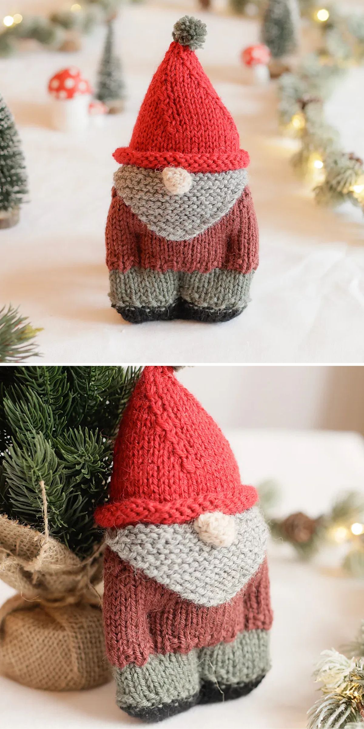 A small, hand-knitted gnome with a red hat, gray beard, red and brown body, and green feet, displayed on a festive surface with lights and mini trees.