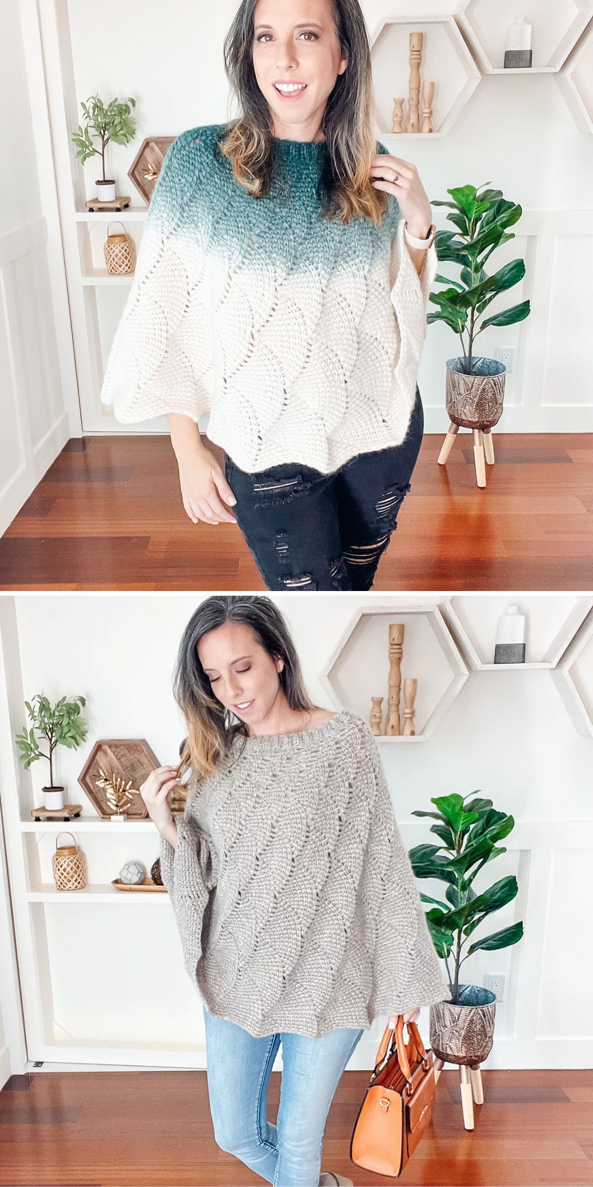 Two images of a woman indoors modeling crochet sweaters; the top sweater is white and green, the bottom is beige. Decorative shelves and a potted plant are in the background.