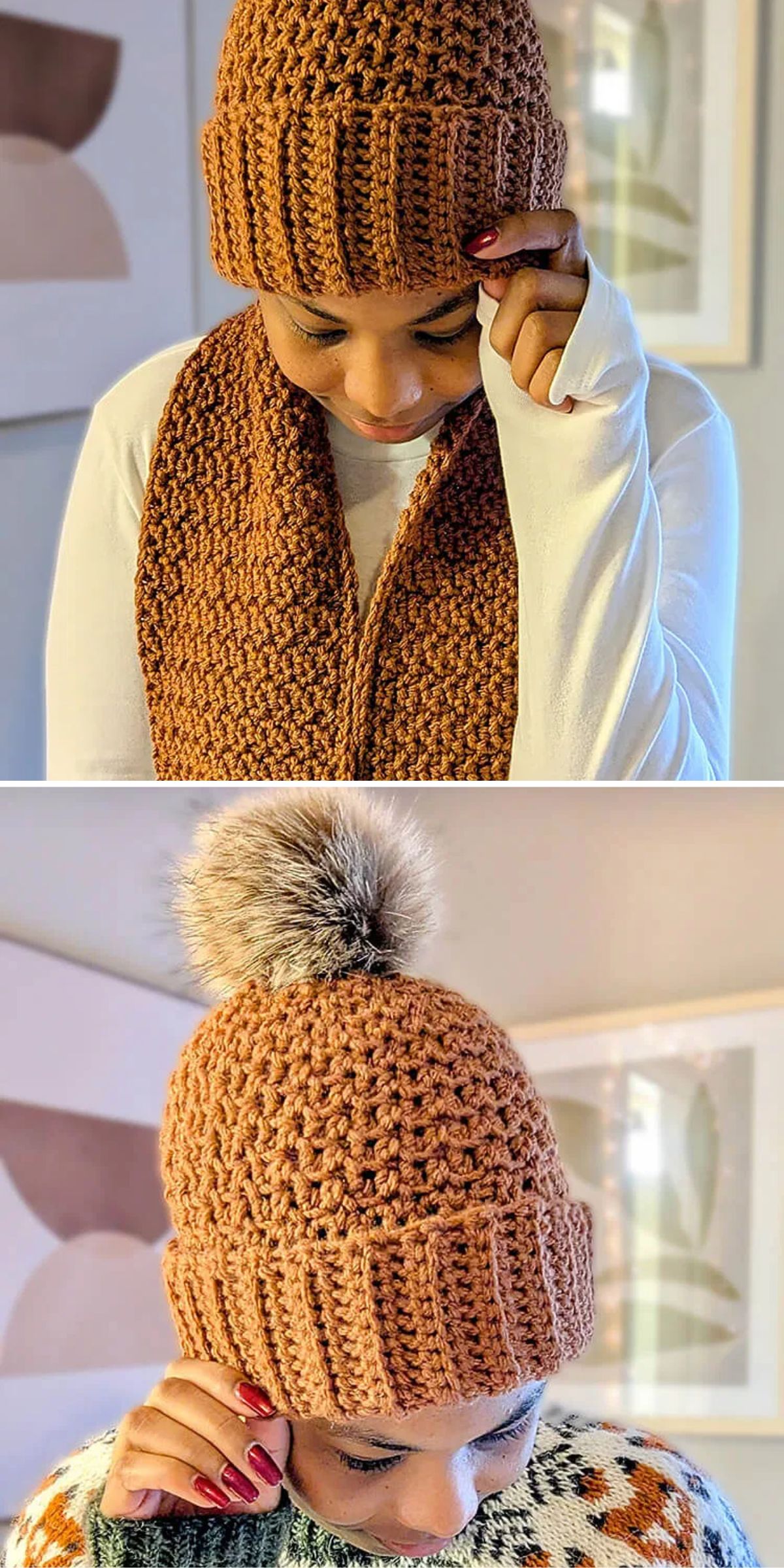 Two images show a person wearing a crocheted brown hat and scarf; in the second image, the hat has a faux fur pom-pom and a folded brim.