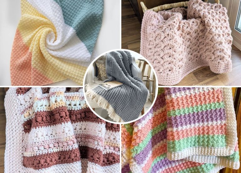 A collage of five crocheted blankets in various colors and patterns, including pastel, striped, and textured designs.
