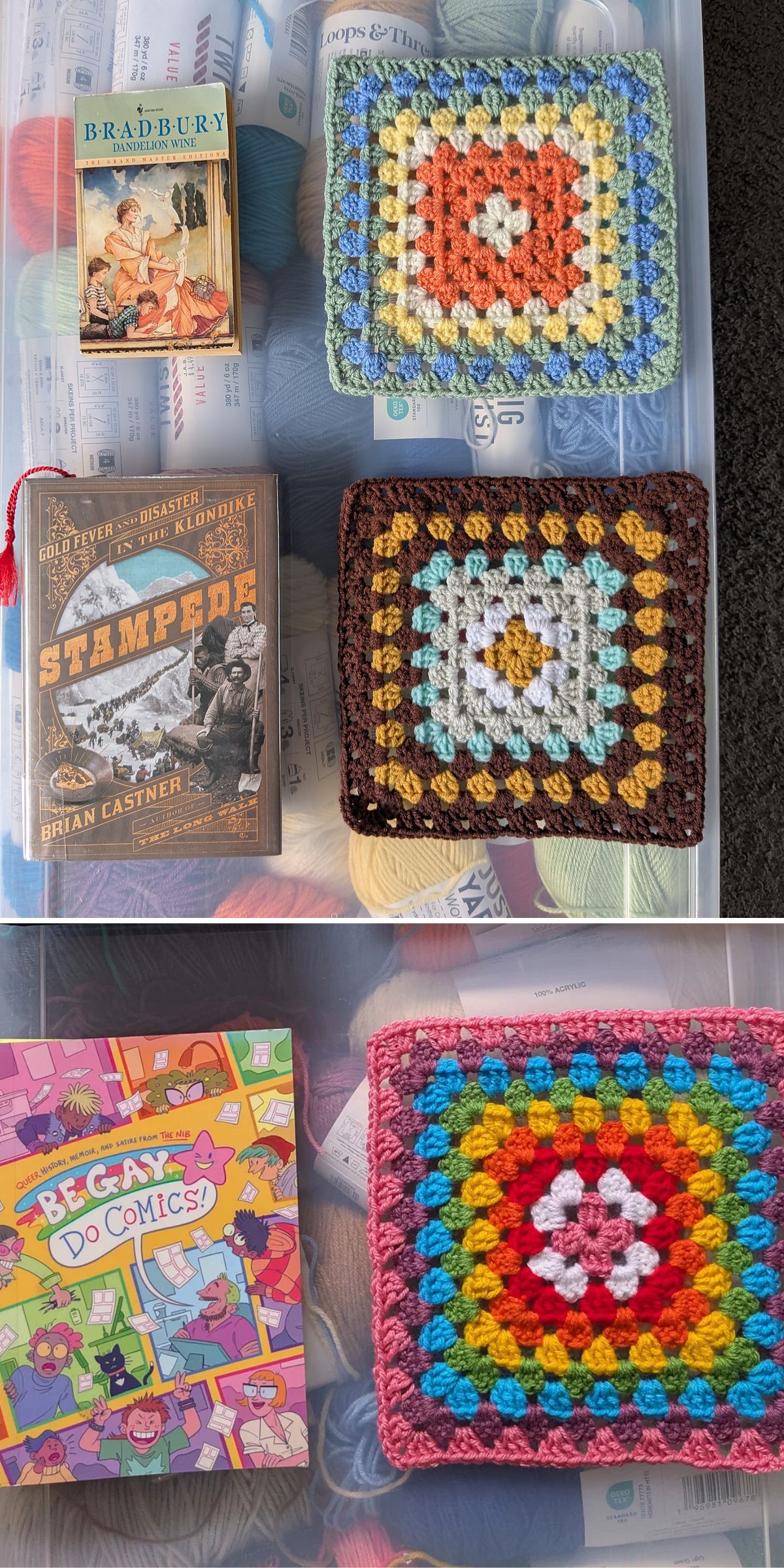 Three books and three colorful crocheted granny squares are displayed on clear plastic bins filled with yarn and other craft supplies.
