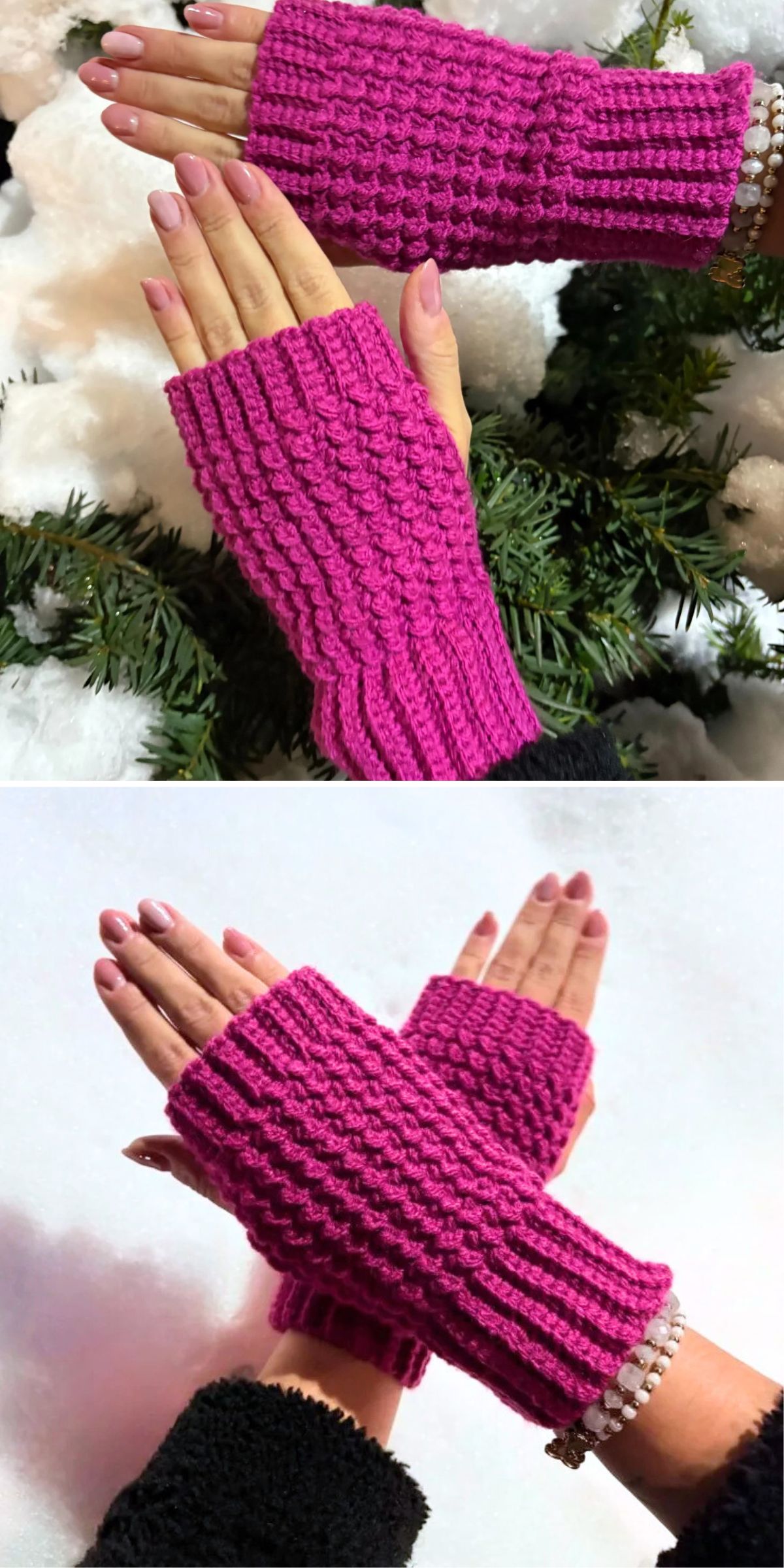 Two images showing hands wearing crochet, bright pink fingerless gloves with a textured pattern. The gloves are displayed against greenery and a neutral background.