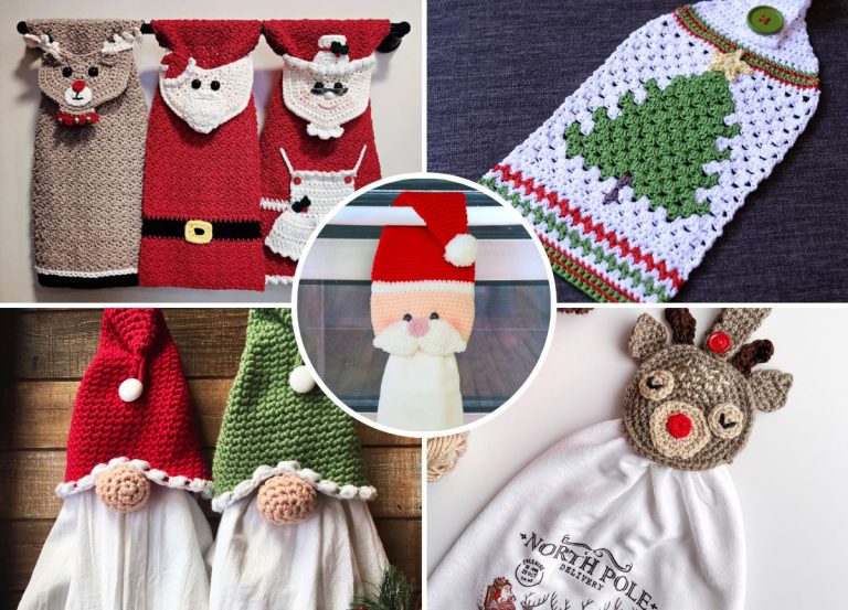 A collage of six handmade Christmas-themed crochet towels, featuring designs of Santa, reindeer, gnomes, and a Christmas tree.