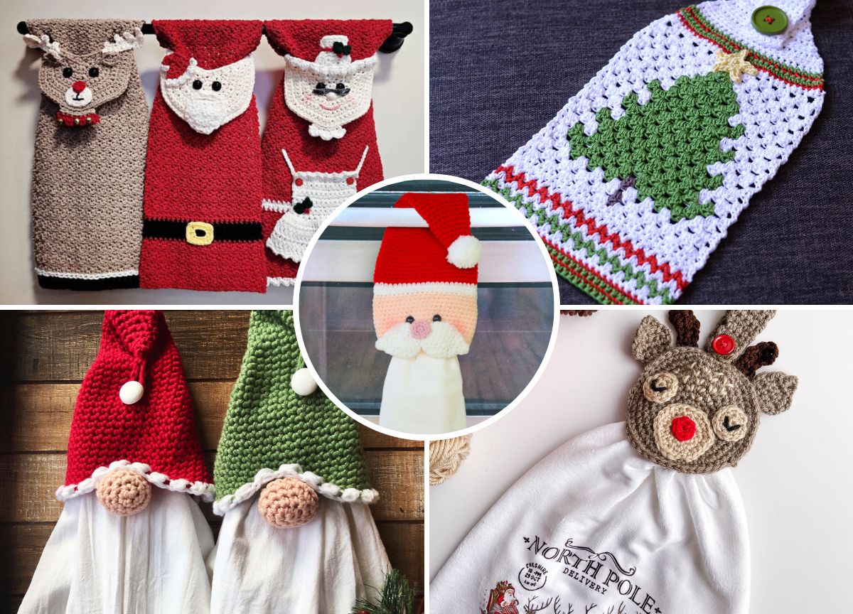 A collage of six handmade Christmas-themed crochet towels, featuring designs of Santa, reindeer, gnomes, and a Christmas tree.
