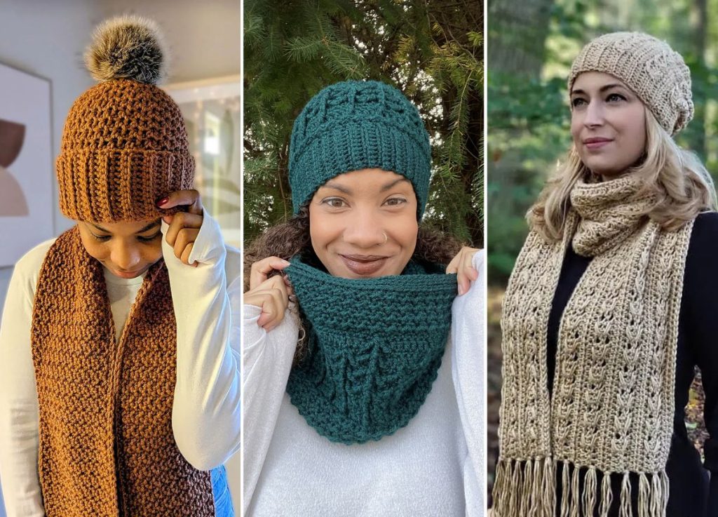 Three women wearing crochet hats and matching scarves or cowls in brown, green, and beige, each posing outdoors or indoors.