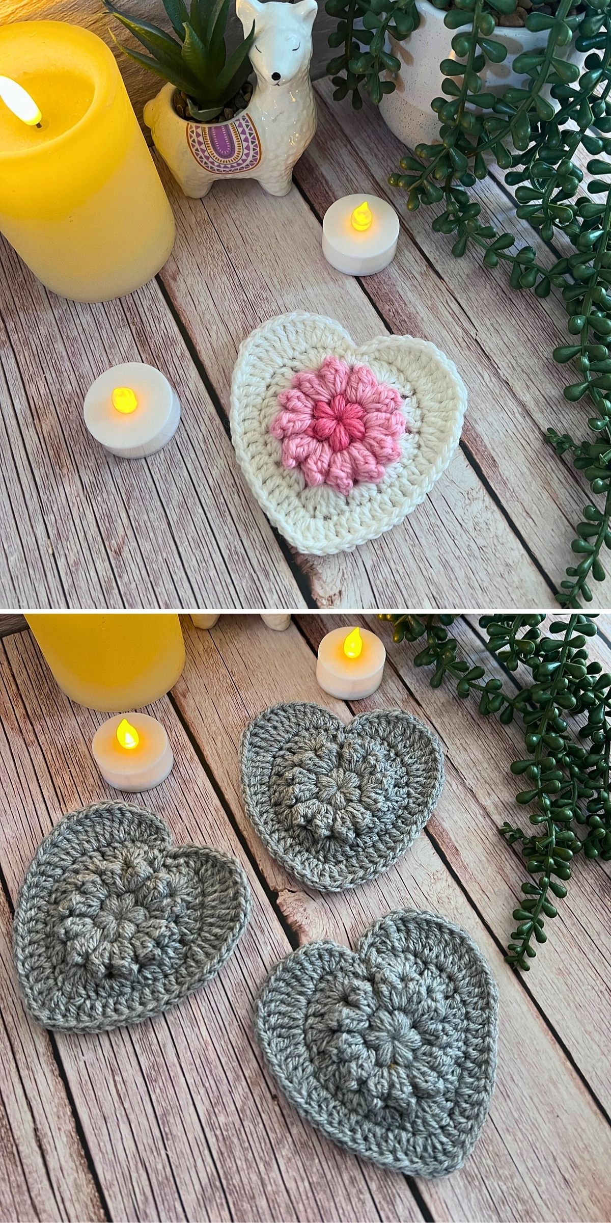 Two photos showing crochet hearts in white, pink, and gray, arranged on a wooden surface with candles, a plant, and a decorative llama.