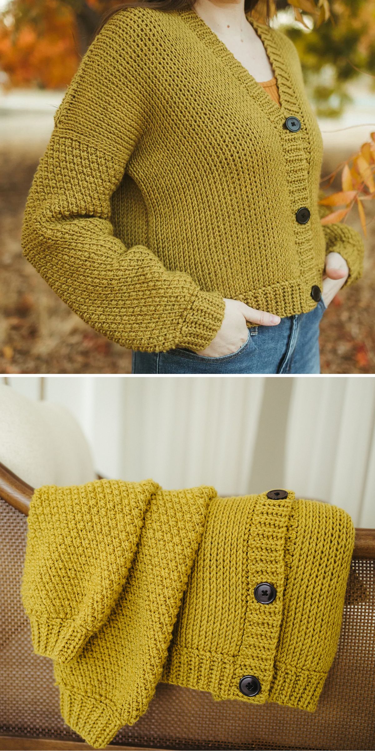 a yellow-green crochet cardigan with front buttons