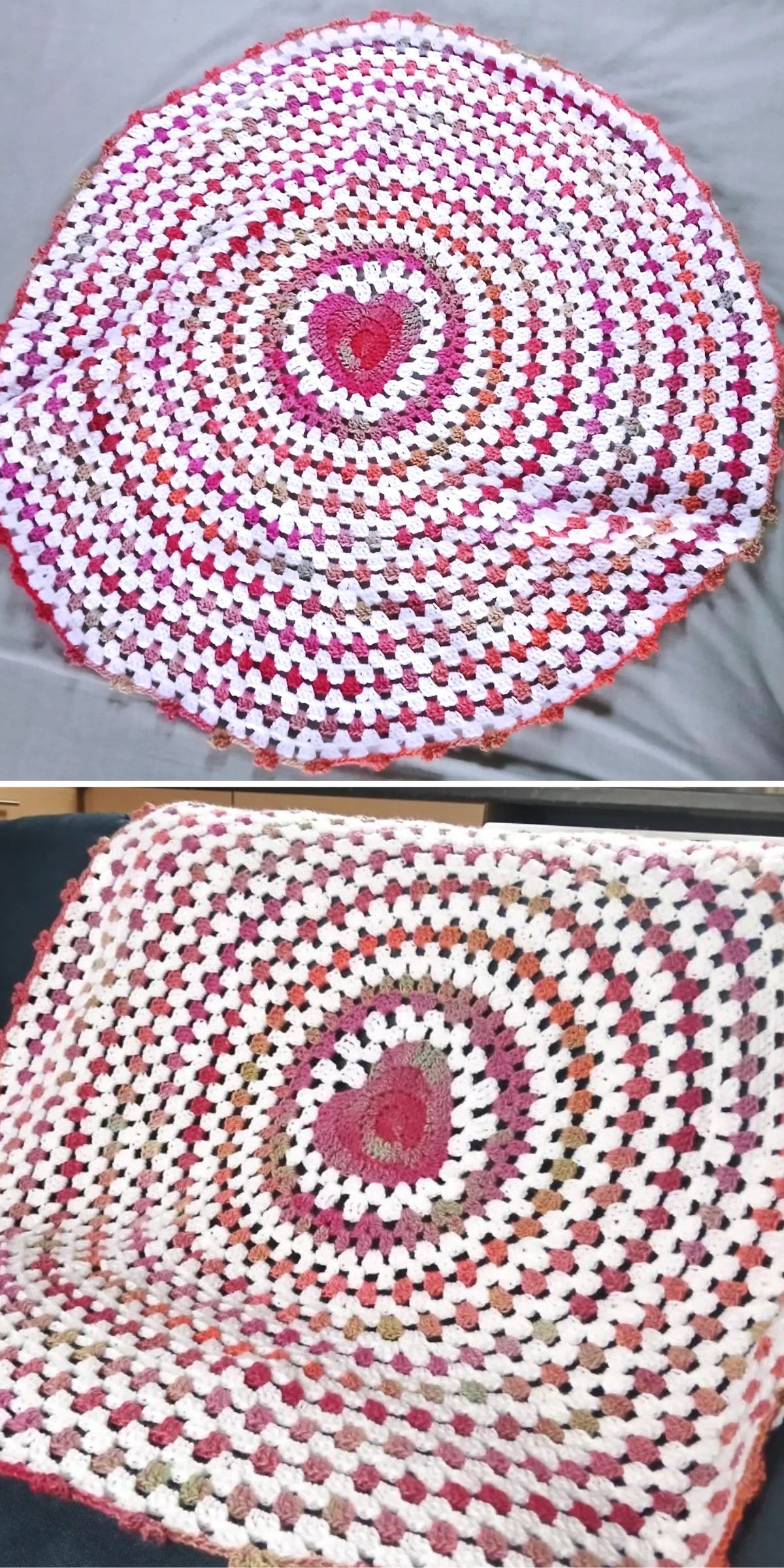 A round crocheted blanket with a central heart pattern, featuring concentric rows in pink, white, red, and tan colors.