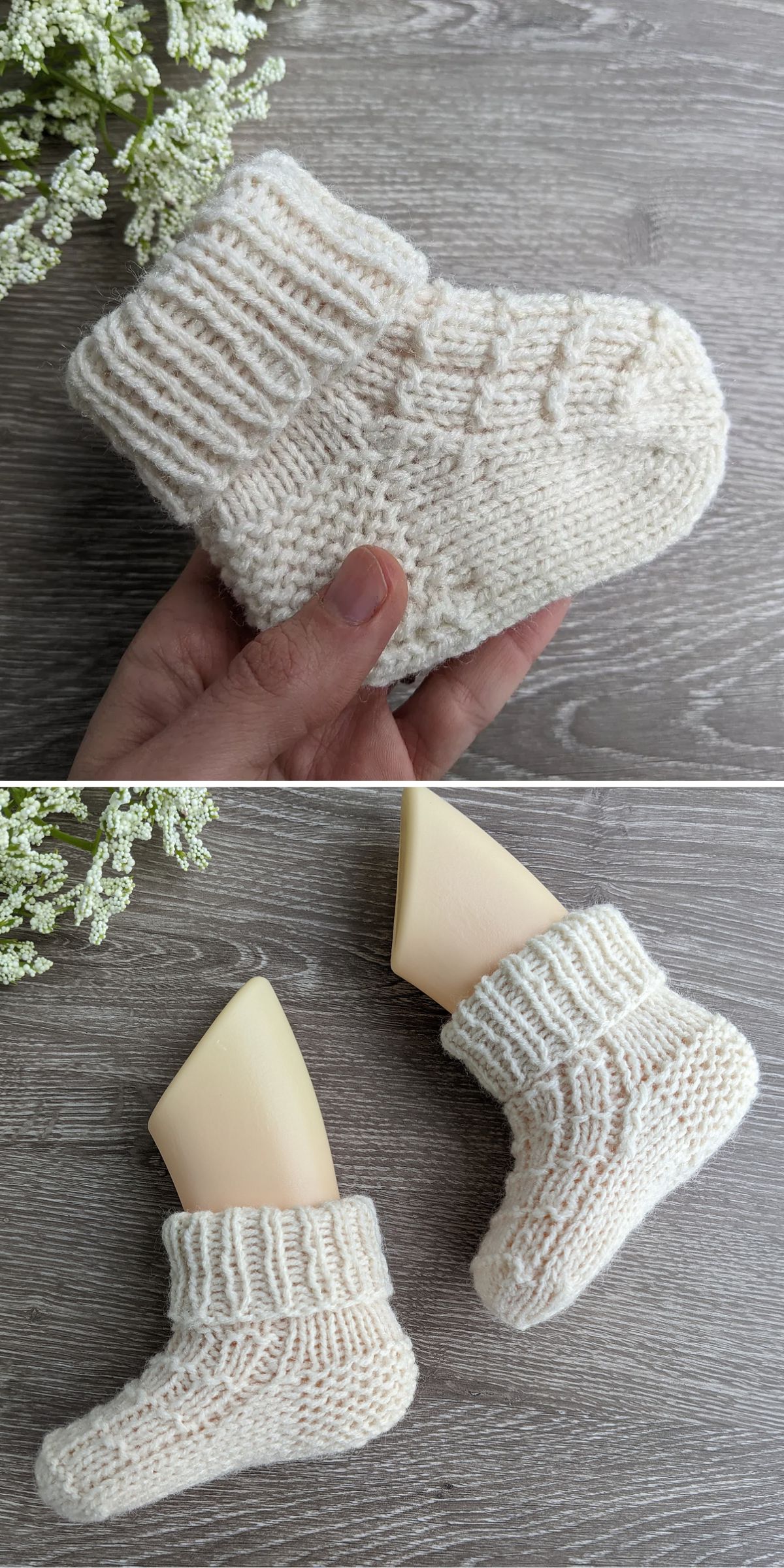 Two images show a knitted, cream-colored baby sock. One image shows the sock held in a hand; the other shows two socks displayed on beige sock blockers.