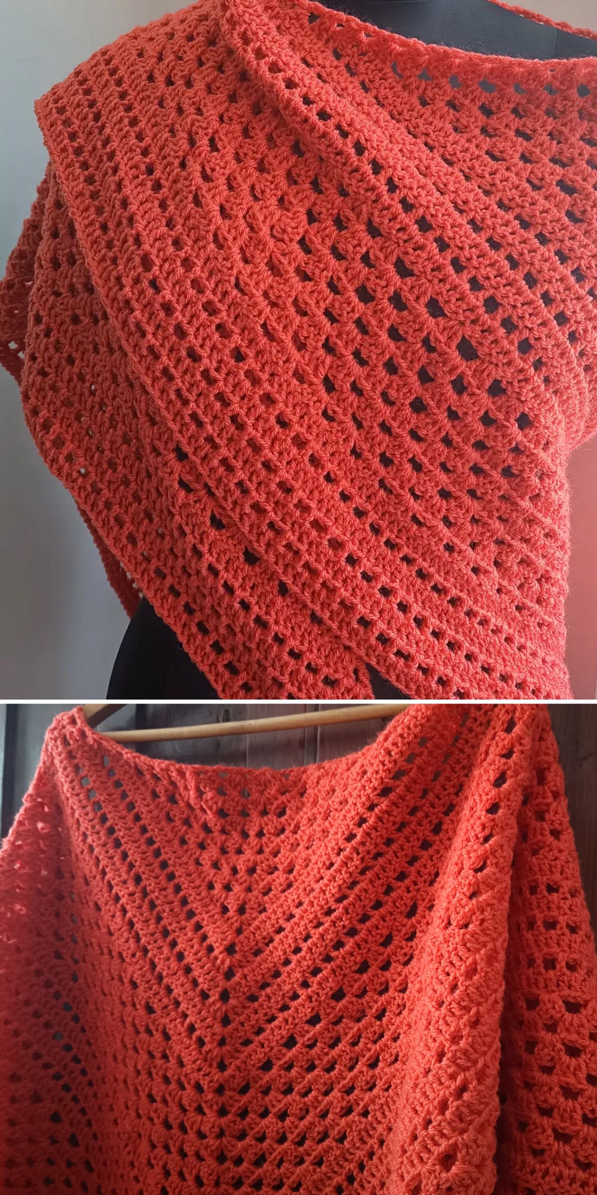 a simple crochet triangle shawl in a red color