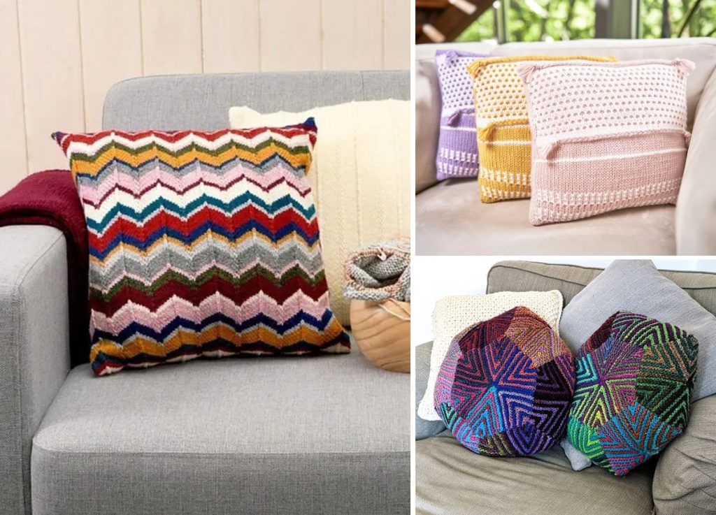 A collage of four images showing various knitted pillow covers in different patterns and colors displayed on sofas.