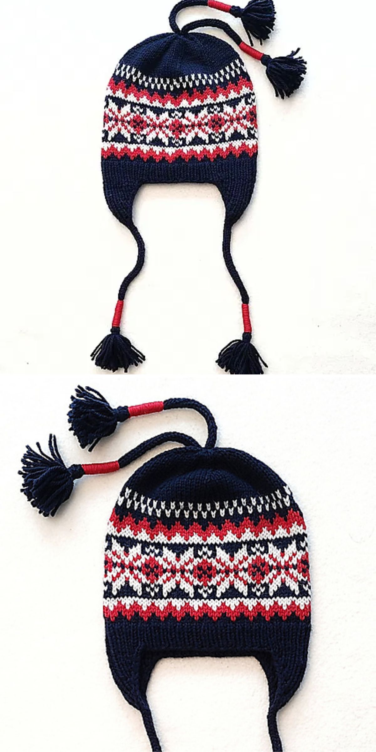 a knitted winter hat with nordic-style colorwork and tassels 