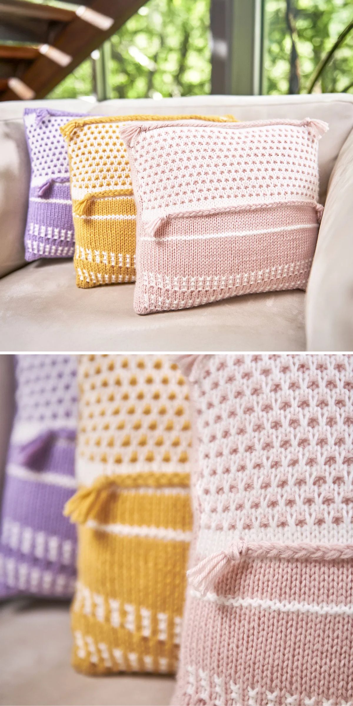 Three knitted throw pillows in pastel purple, yellow, and pink, with textured patterns and envelope-style openings, arranged on a light-colored sofa.