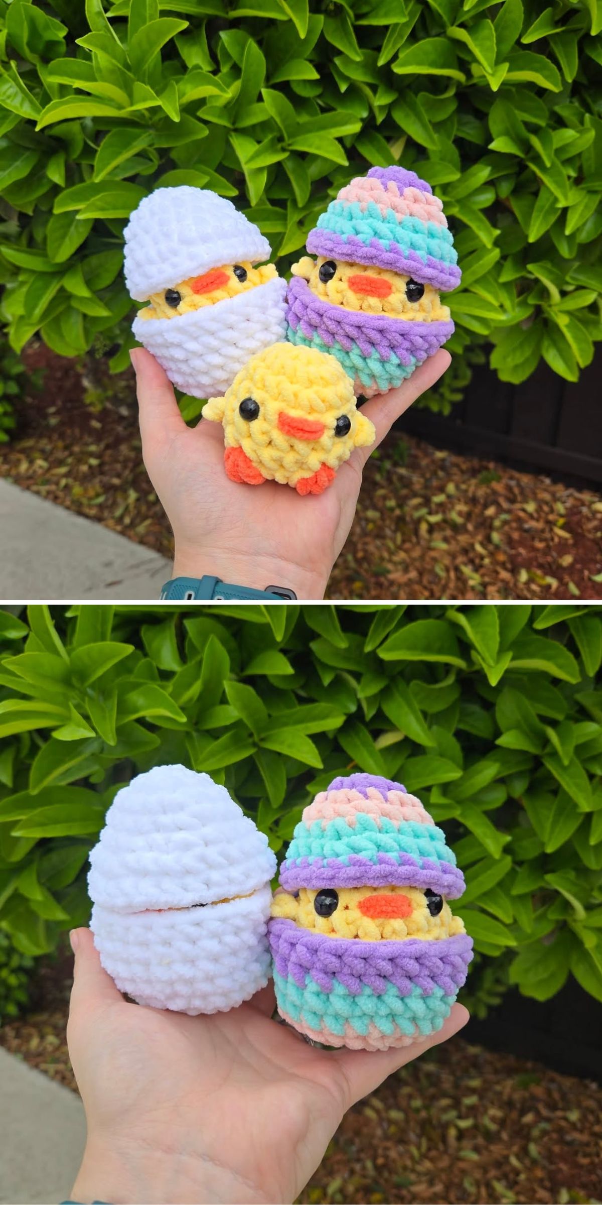 A hand holds three crocheted chicks, two partially inside colorful eggs and one fully out, against a background of green leaves.
