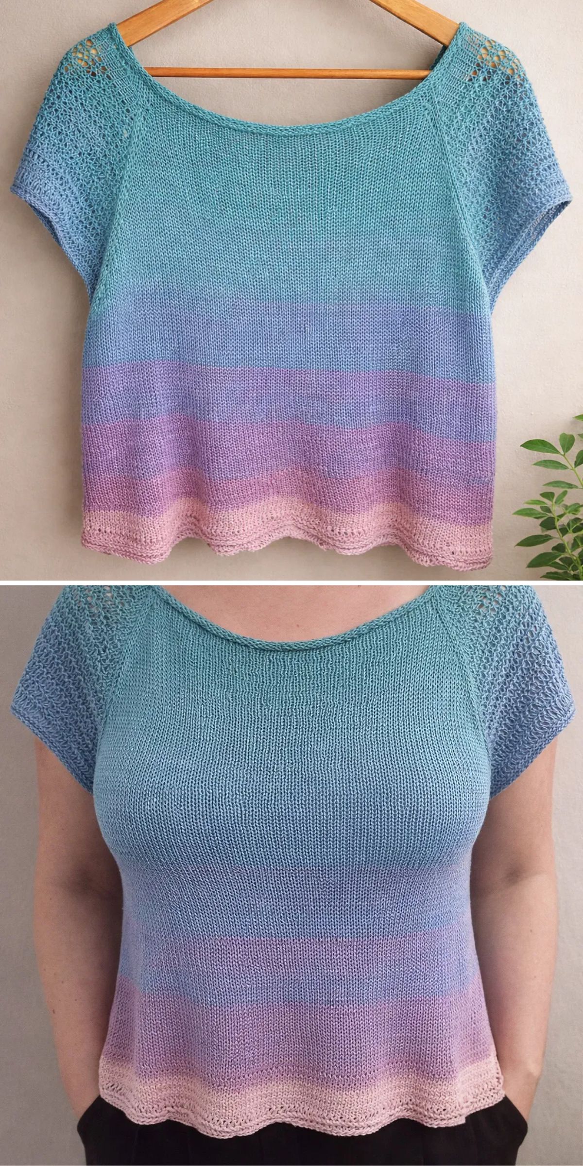 a knitted short-sleeved top featuring a gradient colorway