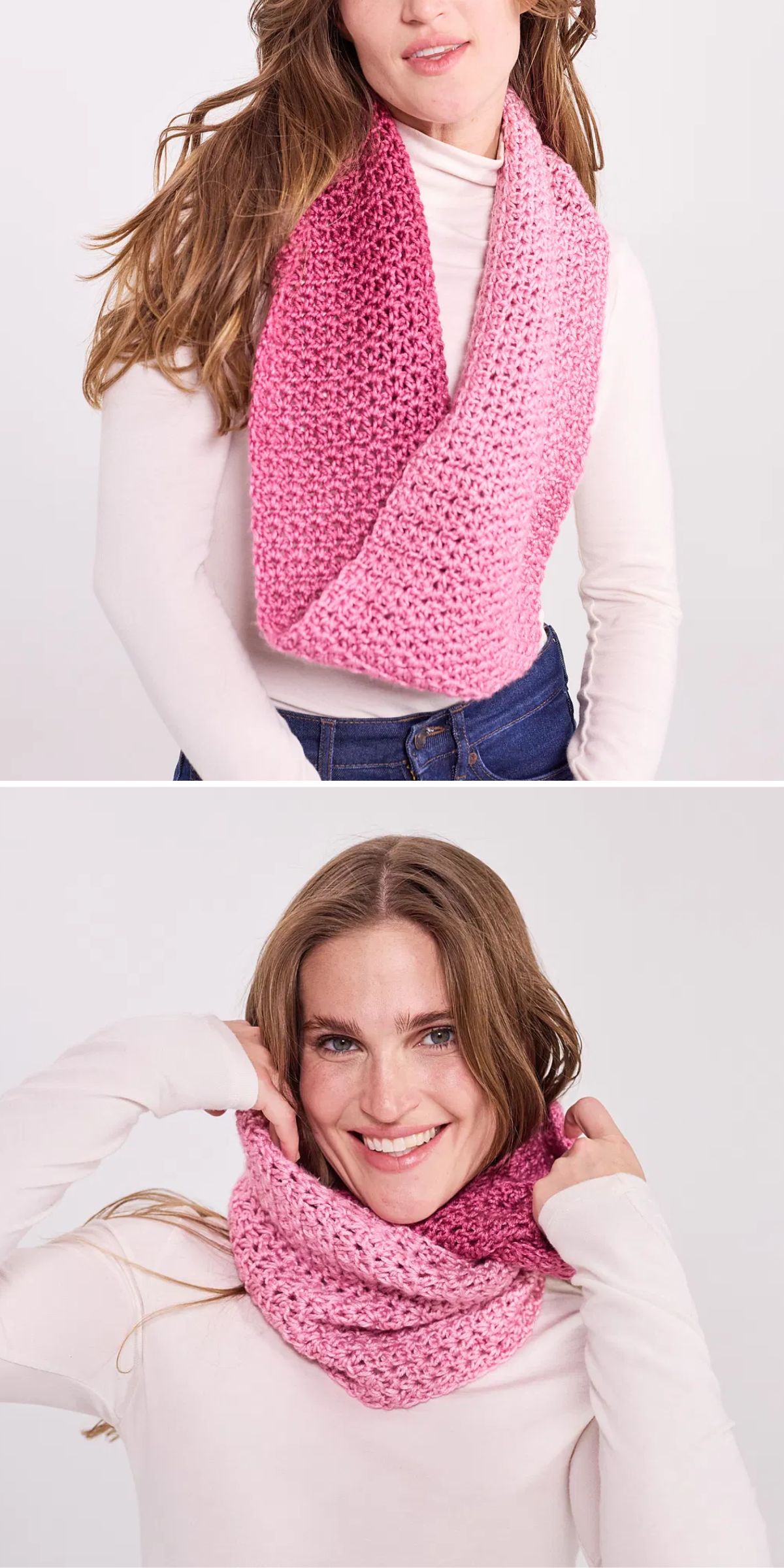 Two photos show a person wearing a pink crochet cowl in two different styles: draped around the neck and pulled up for warmth.