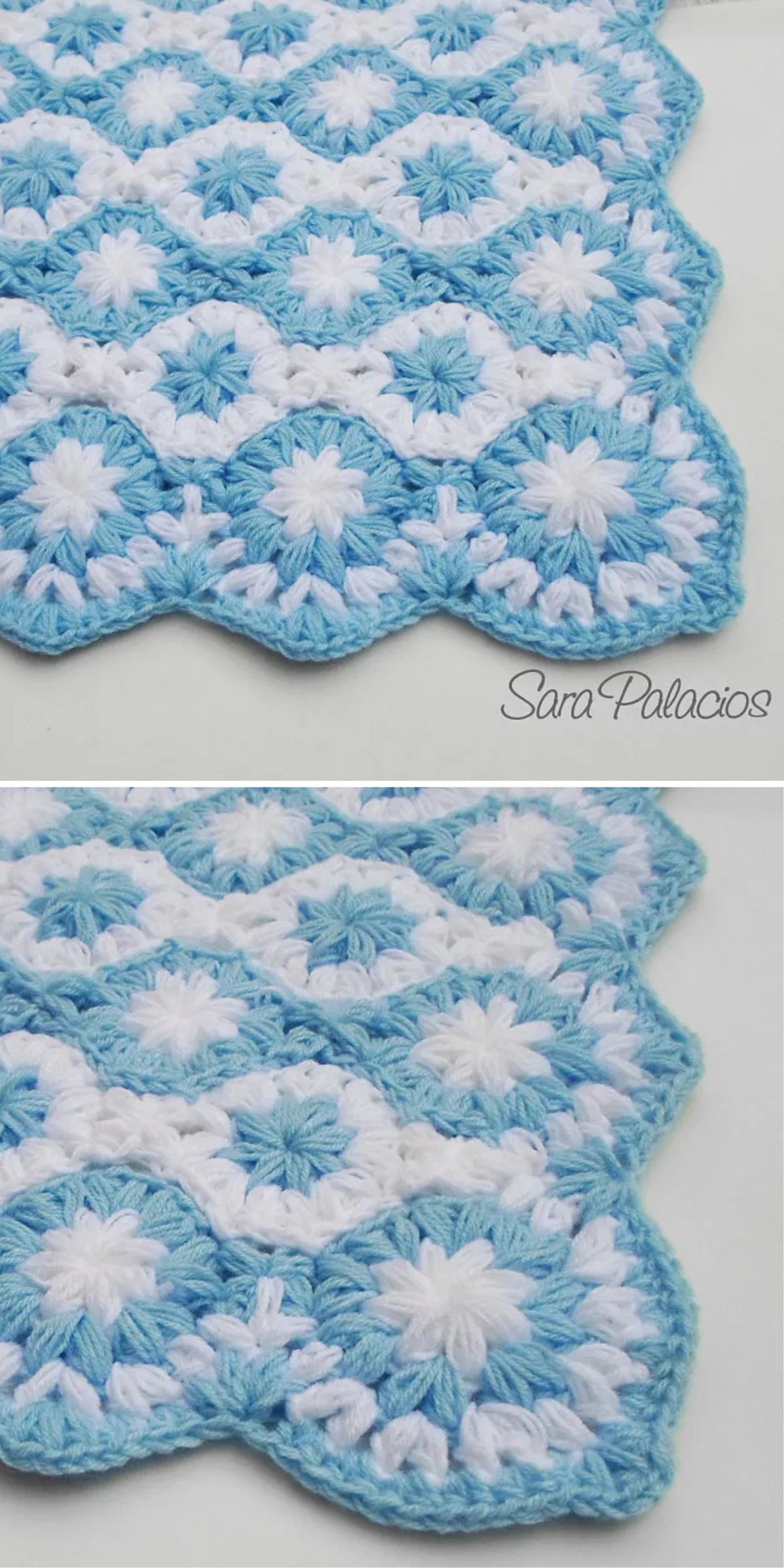 a crochet baby blanket made of puffy flower hexagons in blue and white