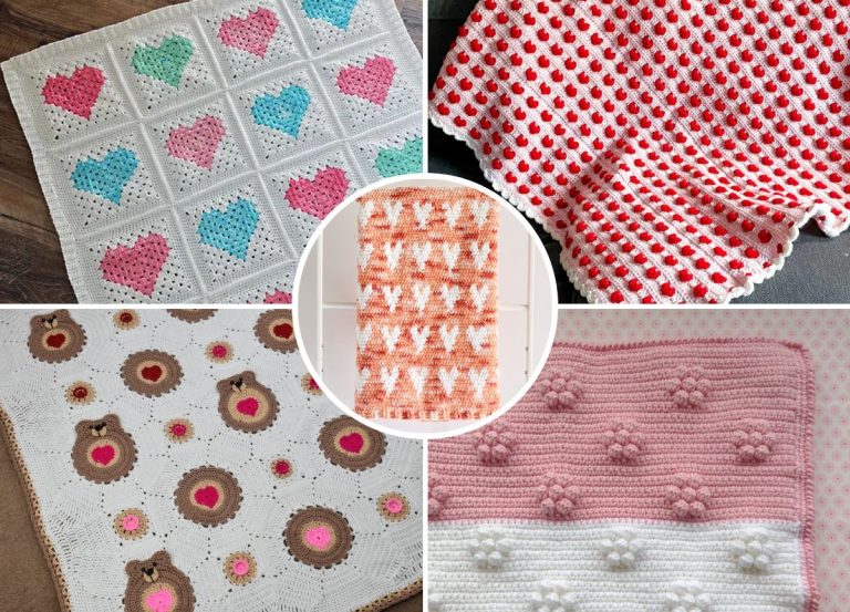 A collage of five crocheted baby blankets featuring various patterns, including hearts, dots, bears, bunnies, and flowers, in pastel and bright colors.