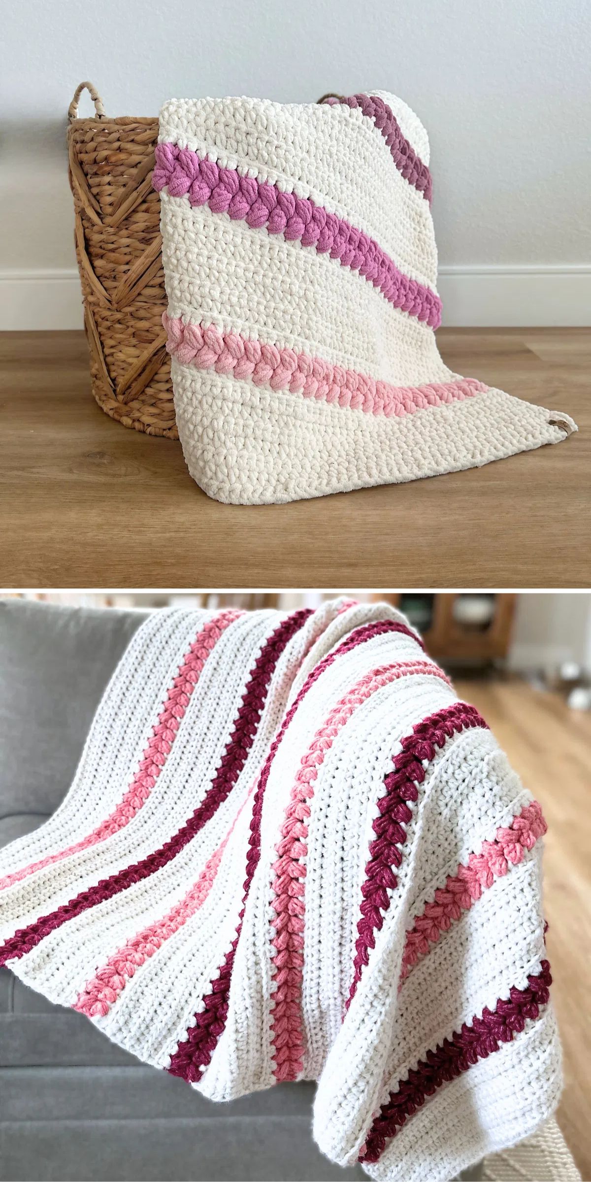 a striped crochet baby blanket with braided puff lines