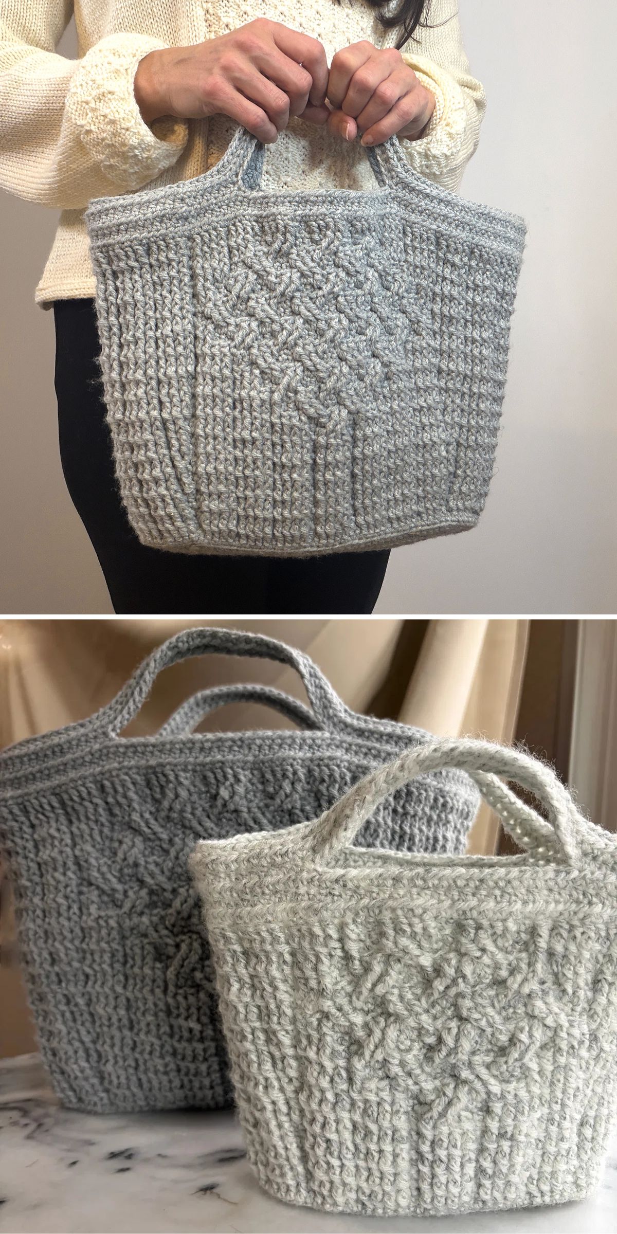 A person holds a textured crochet tote bag in light gray; below, two similar crochet tote bags in light gray and off-white are displayed on a surface.