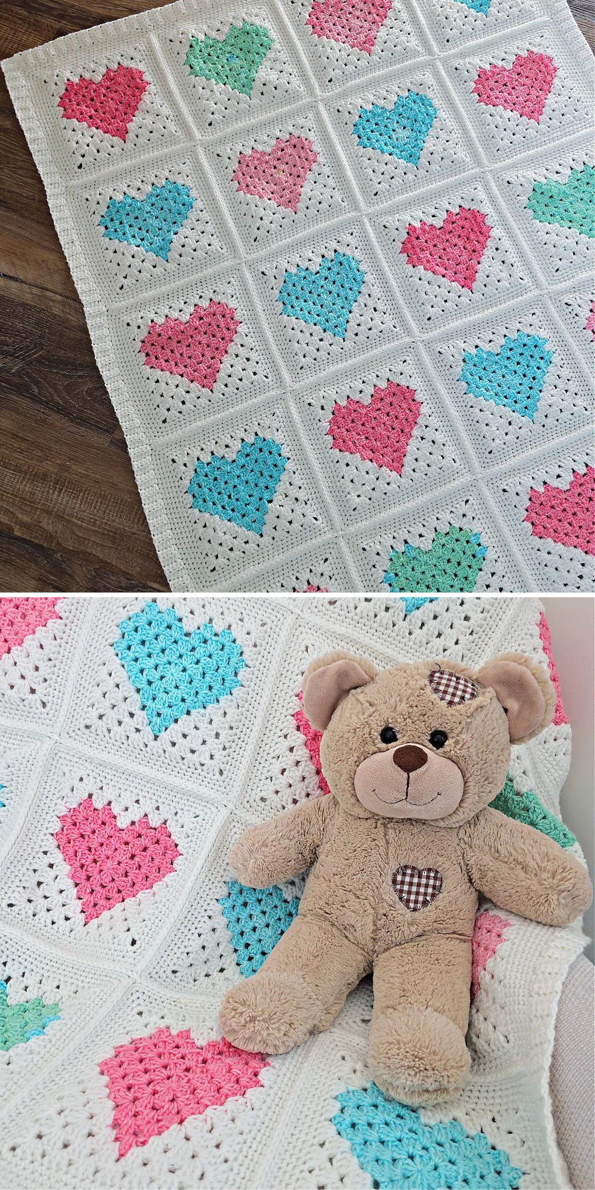 A crocheted blanket with pink, blue, and teal heart patterns on white squares, displayed on the floor and draped over a chair with a brown teddy bear.