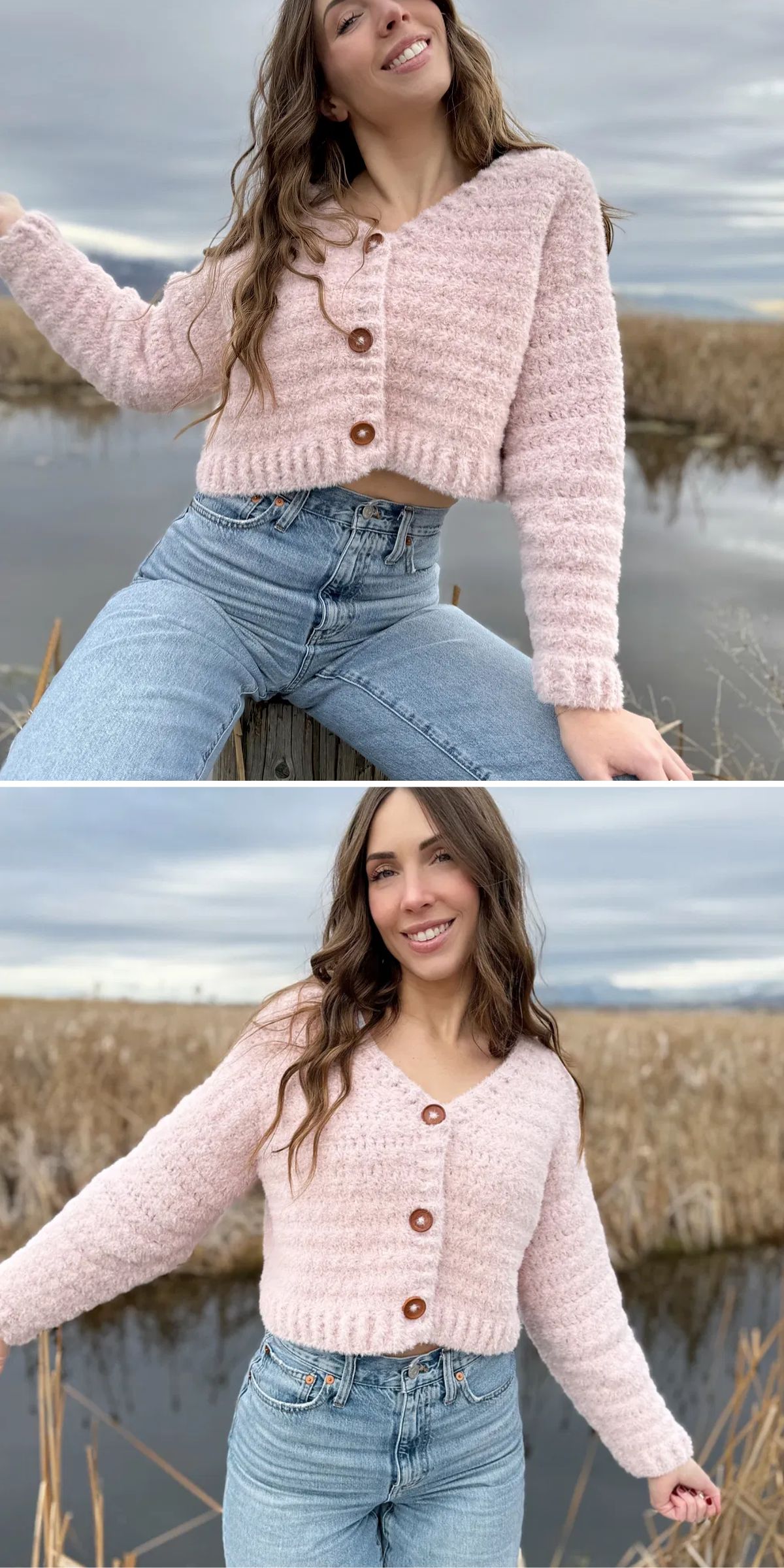 a woman wearing a pink cropped crochet cardigan with buttons