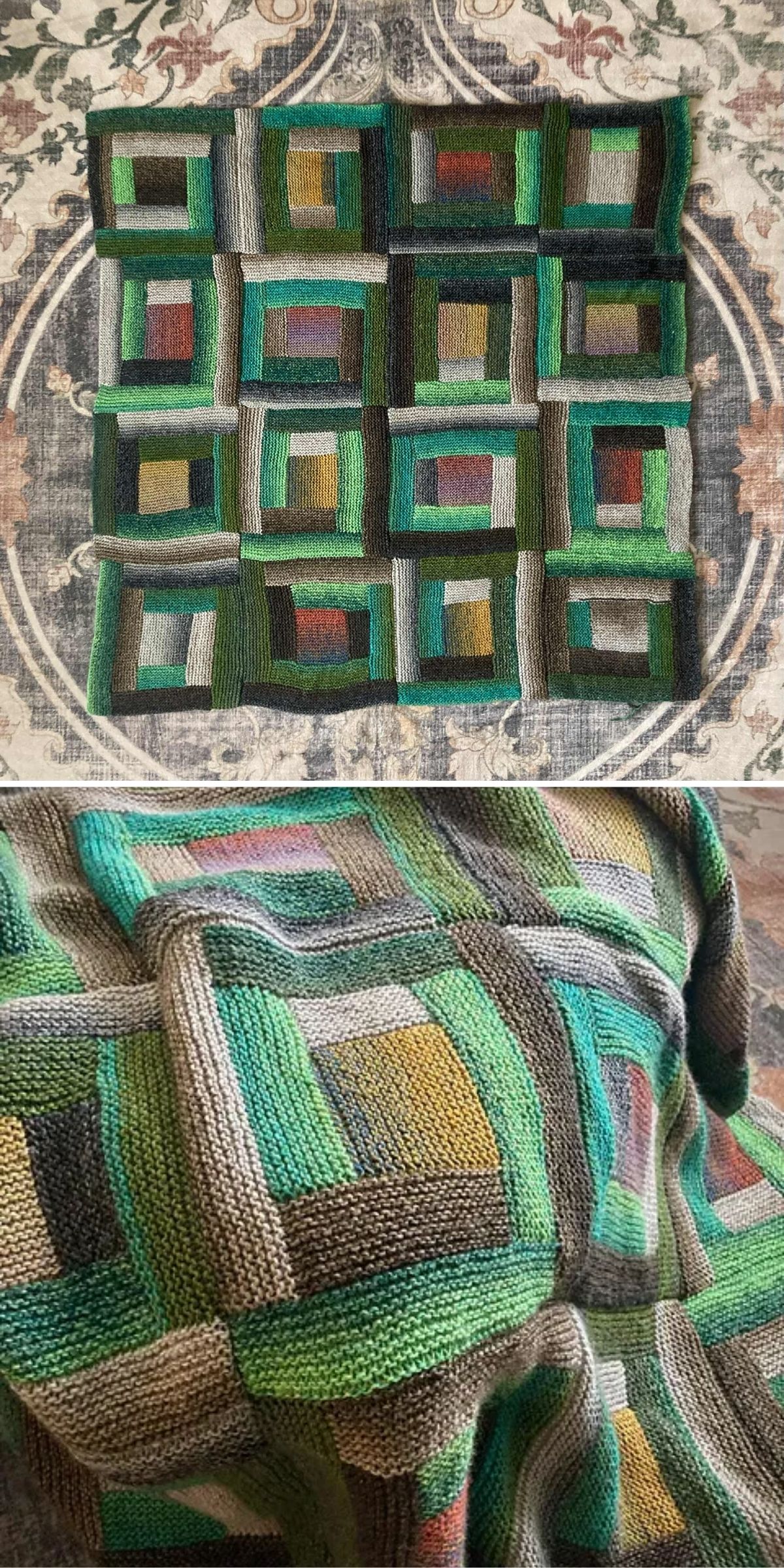 A knitted patchwork blanket in green, yellow, brown, and gray tones is displayed flat on a patterned rug and draped over a surface.