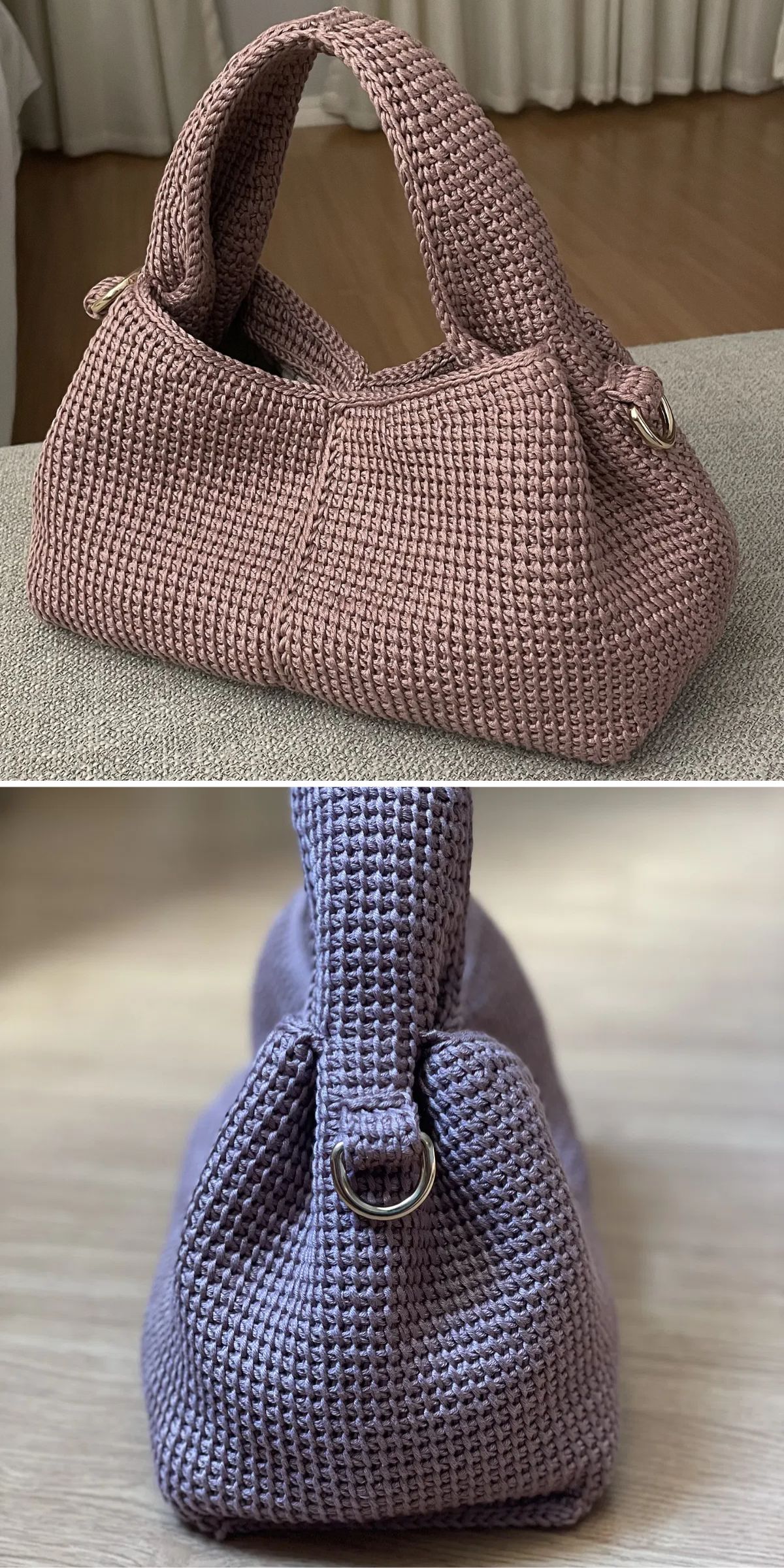 Two views of a textured, mauve crochet handbag with a rounded handle and metal rings on the sides, shown on a neutral surface.