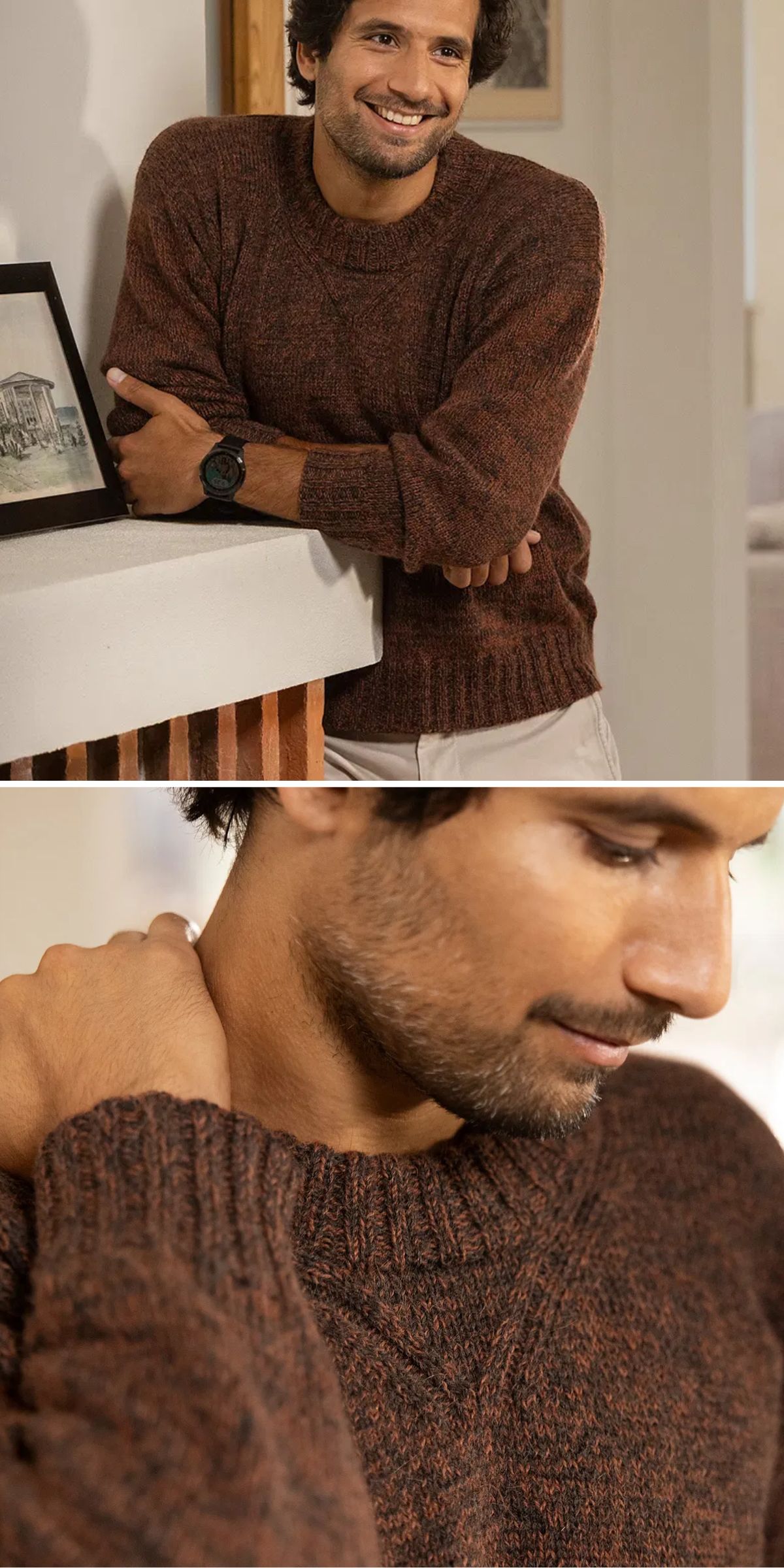 A man wearing a brown knit sweater stands indoors, leaning against a counter, with a close-up showing the sweater's texture.