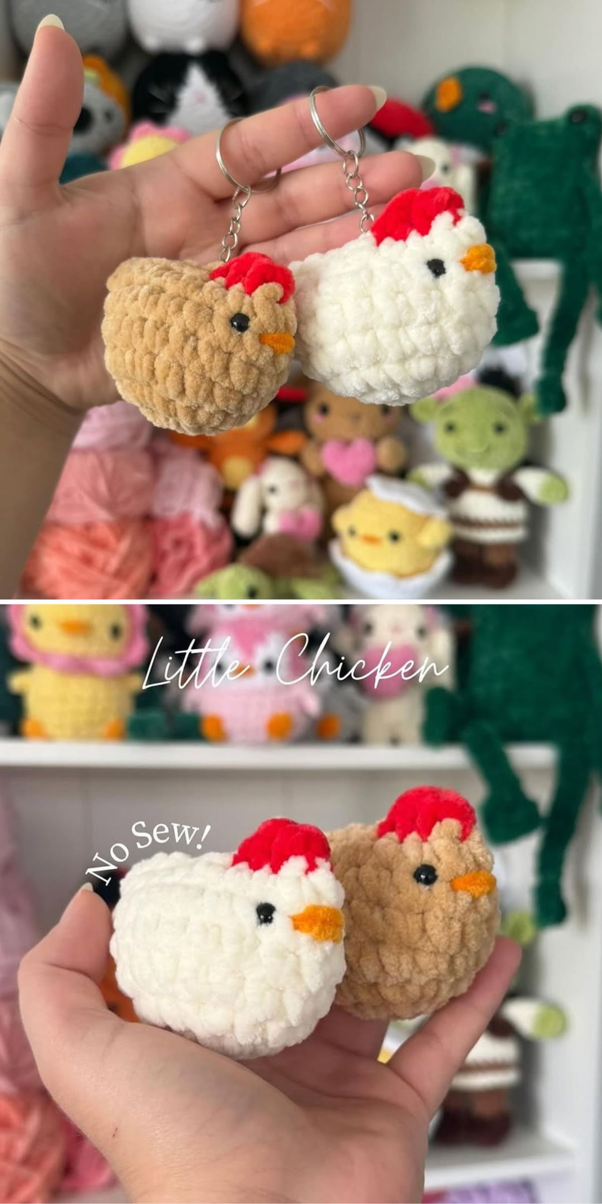Two hands hold plush keychains shaped like white and brown chickens. Background shows various other crocheted animal toys on shelves. Text on image reads "Little Chicken" and "No Sew!.