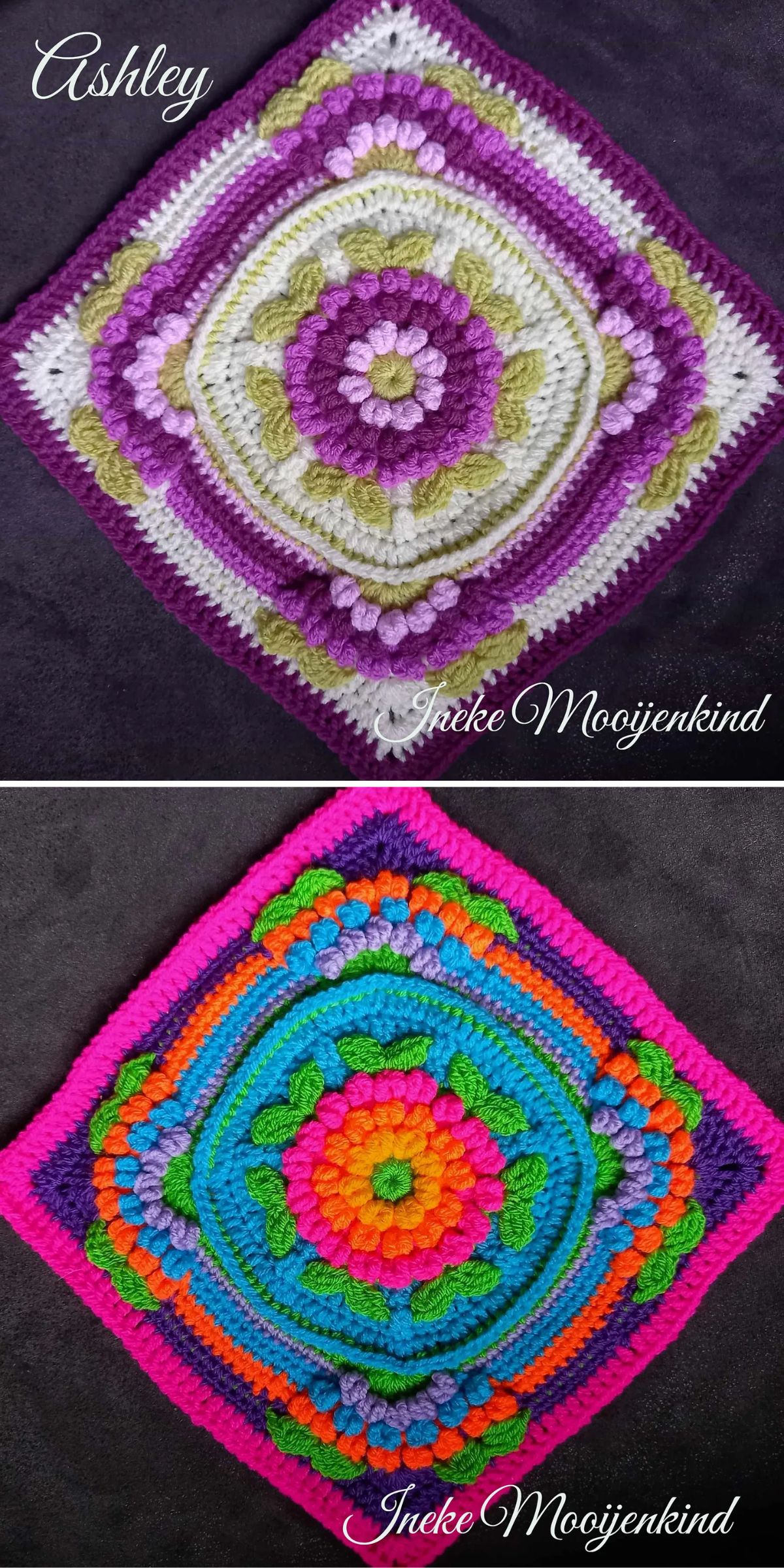 Two square crocheted patterns: the top features purple, white, and green tones; the bottom displays bright colors including pink, blue, orange, and green. Both have intricate, raised designs.